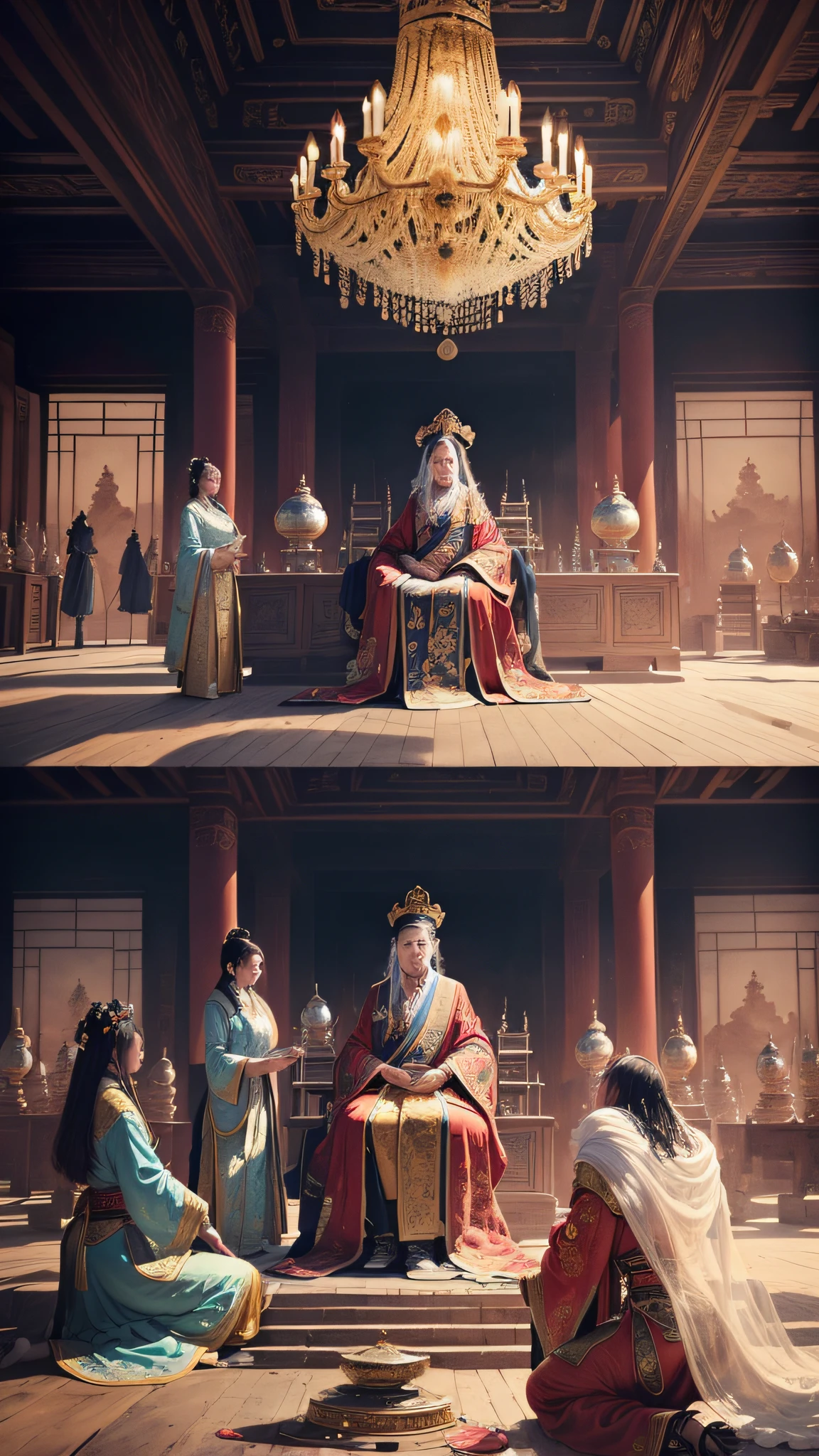In the real scene, the ancient Chinese palace is located above the clouds, in the main hall of the royal palace, the emperor is sitting on the throne, wearing a luxurious ancient costume with a majestic face. Surrounded by concubines, craftsmen kneeling in front of them, magnificent, glazed tiles, colorful light, (((splashed ink)), ((splashed ink}), masterpiece, high quality, exquisite graphics, high detail: