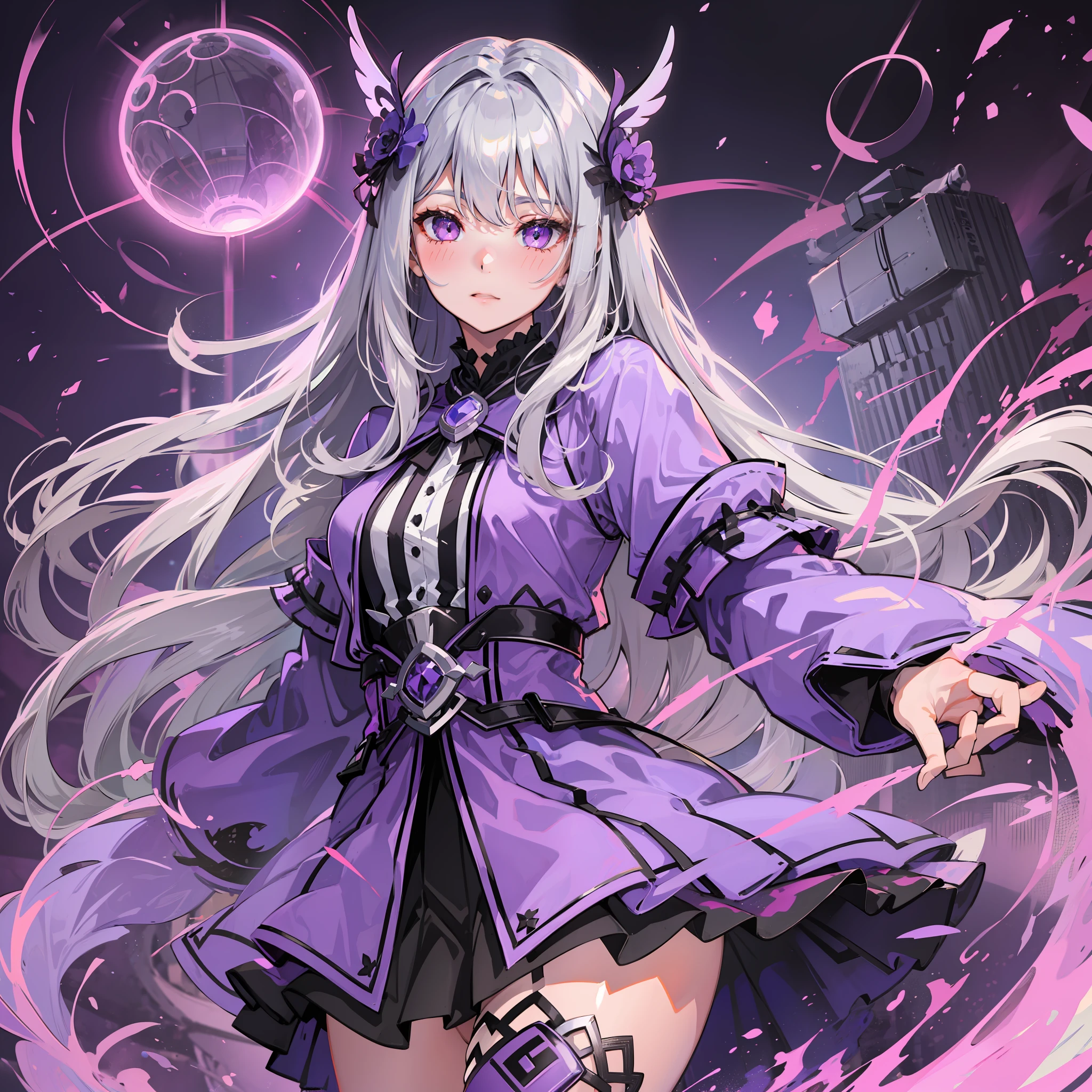 gray hair, semi-long hair, purple eyes, glowing eyes, skirt, blush, night, mature, recovery wizard