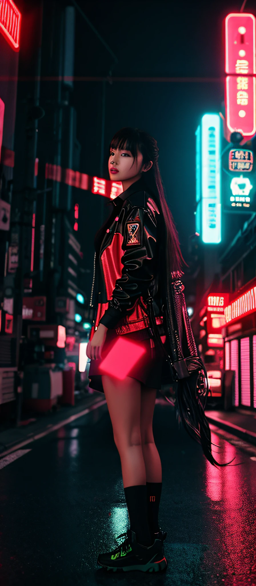 A girl standing on the street, city night view, neon lights, red car, cyberpunk, 8k, masterpiece, best picture quality, real scene, 3d rendering,