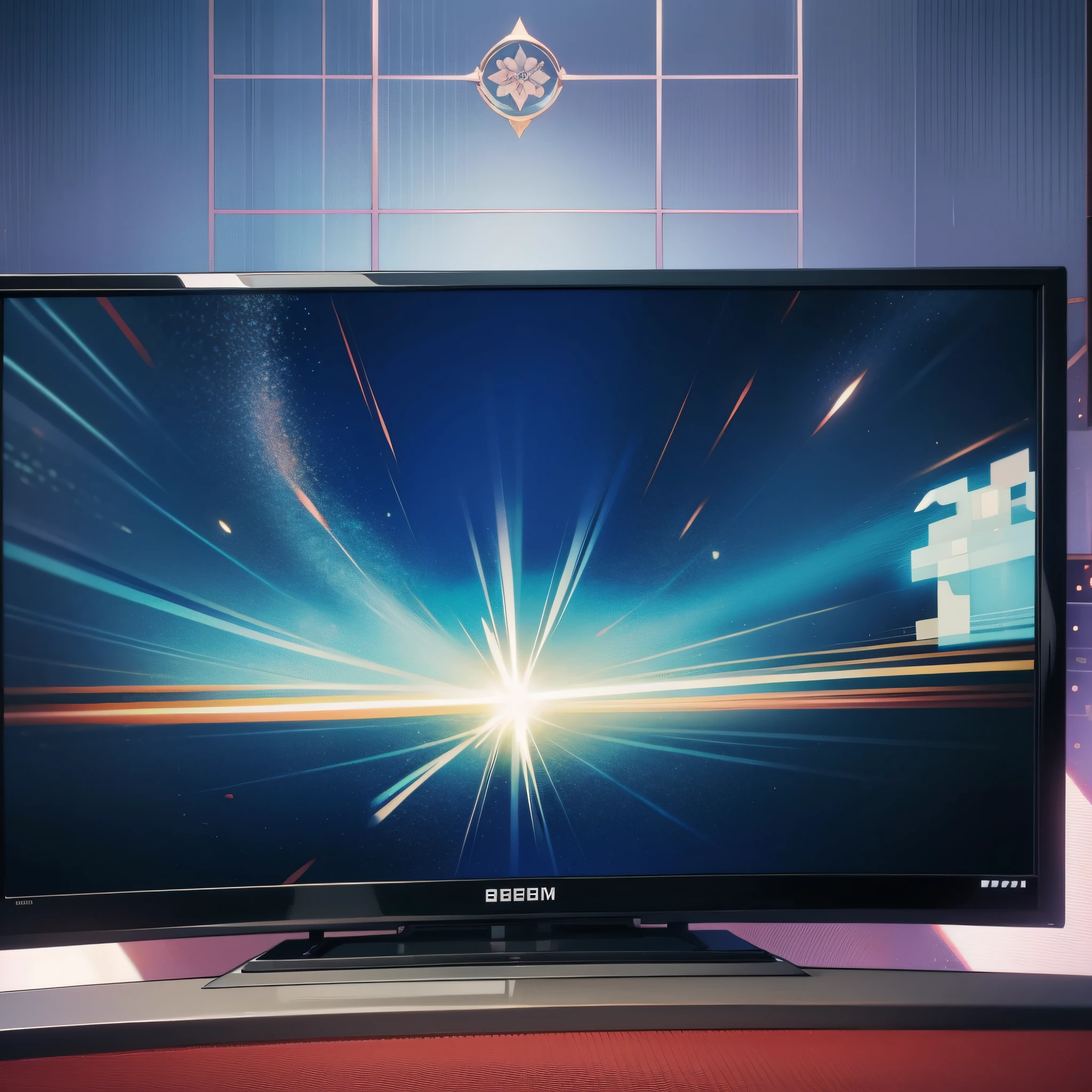 TV close-up, news broadcast, room background