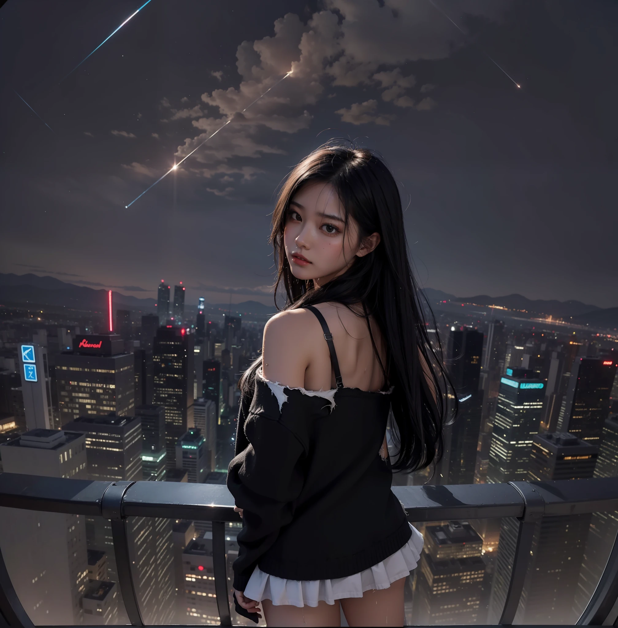 ((Masterpiece)), ((Super Image Quality)), Torn Clothes, Very Beautiful Night Sky, Girl, Black Hair, Wet, Absurd, Blushing