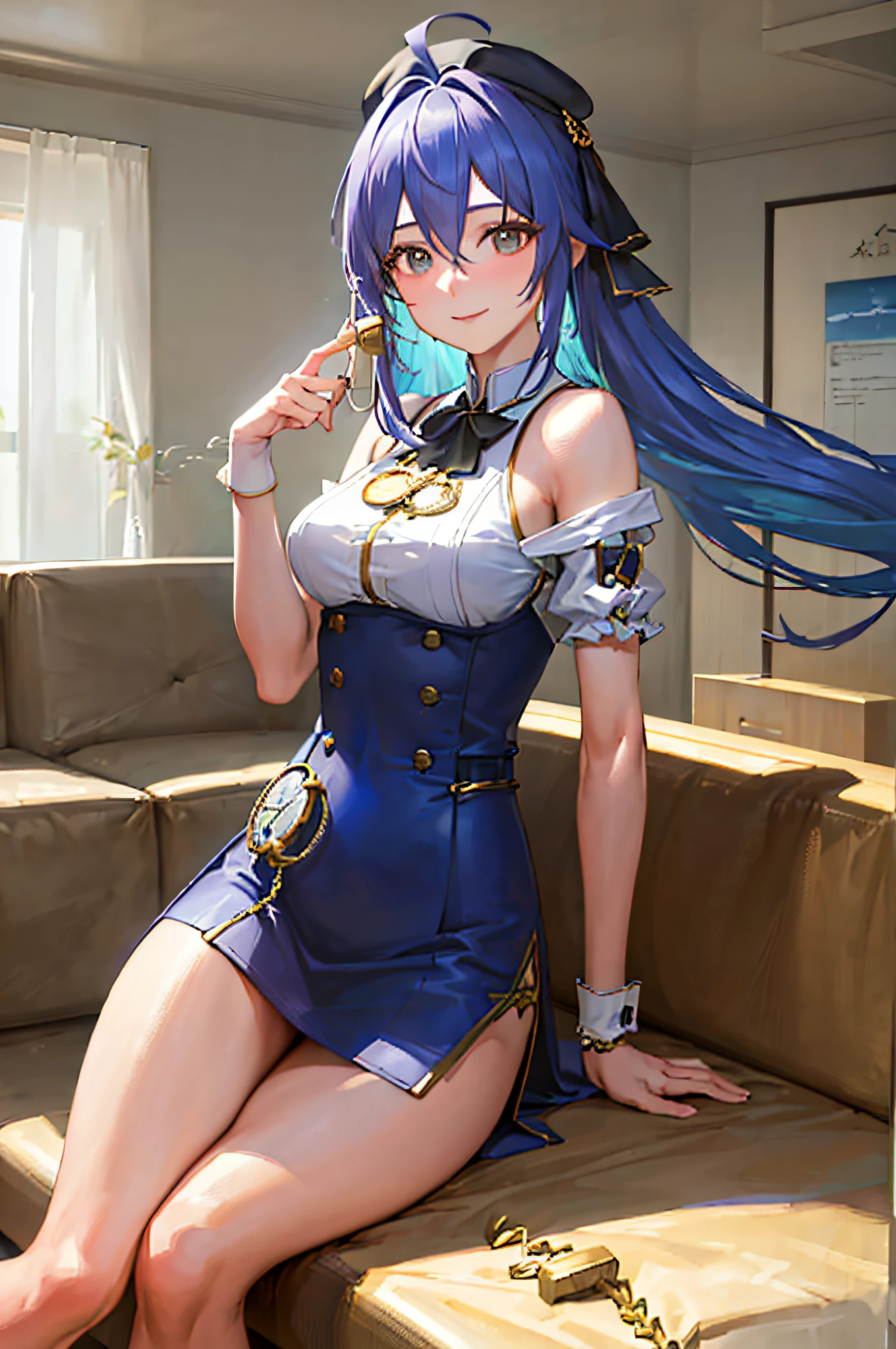 (photorealistic:1.4), (masterpiece, sidelighting), masterpiece*portrait, realistic, 3d face,1woman, ahoge, architecture, bangs, bare shoulders, (blue hair), blush, beautiful breasts, cheongsam, berets, long hair, looking at the audience, mid-chested, mature, smiling, golden eyes, ((pocket watch))