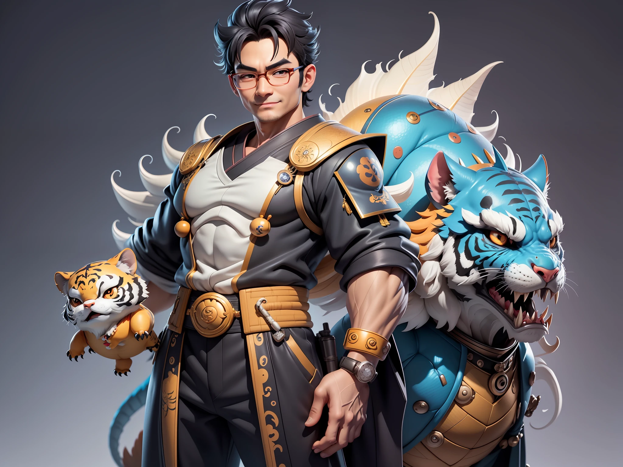 (Masterpiece), (Excellent), (Super Meticulous), (Full Body: 1.2), Super Young Man with Japanese Female Geisha, Pretty, Beautiful, Chinese Dragon, Tiger, Wind God Thor, Sexy, Bursting, Oriental Face, TV Anchor, Bust Portrait Illustration, Black Suit, Blue Tie, Slightly Chubby Face, Silver Glasses, Very Clean Face, No Beard on Chin, Black Super Short Hair, Black Eyes, Confident Smile, 3c Computer Sub-Products, iPad, iPhone, Digital Painting, 3D character design by Mark Clairedon and Pixar and Hayao Miyazaki and Akira Toriyama, the illustrations are HD illustrations in 4K resolution with highly detailed facial features and cartoon-style visuals.