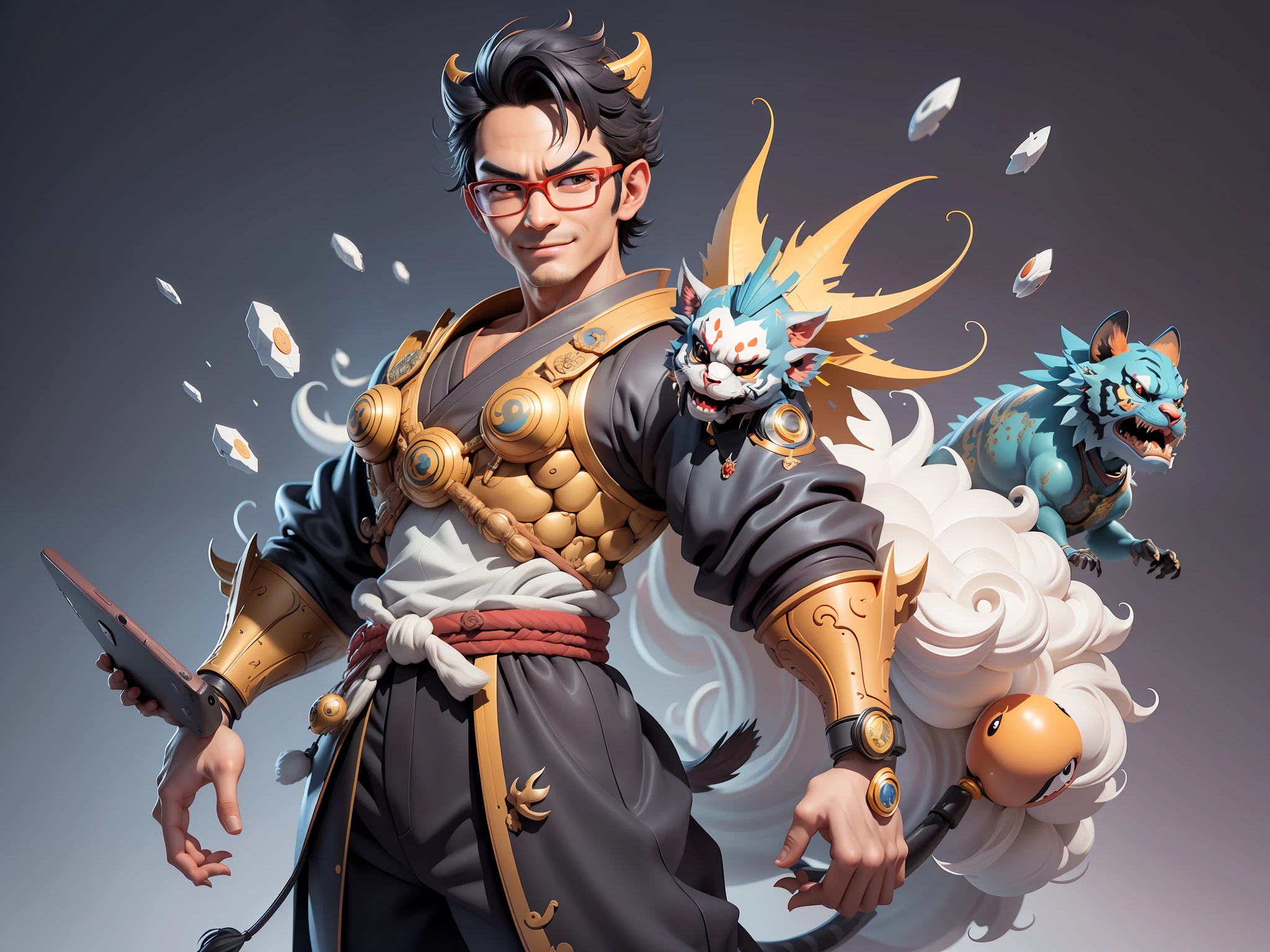 (Masterpiece), (Excellent), (Super Meticulous), (Full Body: 1.2), Super Young Man with Japanese Female Geisha, Pretty, Beautiful, Chinese Dragon, Tiger, Wind God Thor, Sexy, Bursting, Oriental Face, TV Anchor, Bust Portrait Illustration, Black Suit, Blue Tie, Slightly Chubby Face, Silver Glasses, Very Clean Face, No Beard on Chin, Black Super Short Hair, Black Eyes, Confident Smile, 3c Computer Sub-Products, iPad, iPhone, Digital Painting, 3D character design by Mark Clairedon and Pixar and Hayao Miyazaki and Akira Toriyama, the illustrations are HD illustrations in 4K resolution with highly detailed facial features and cartoon-style visuals.