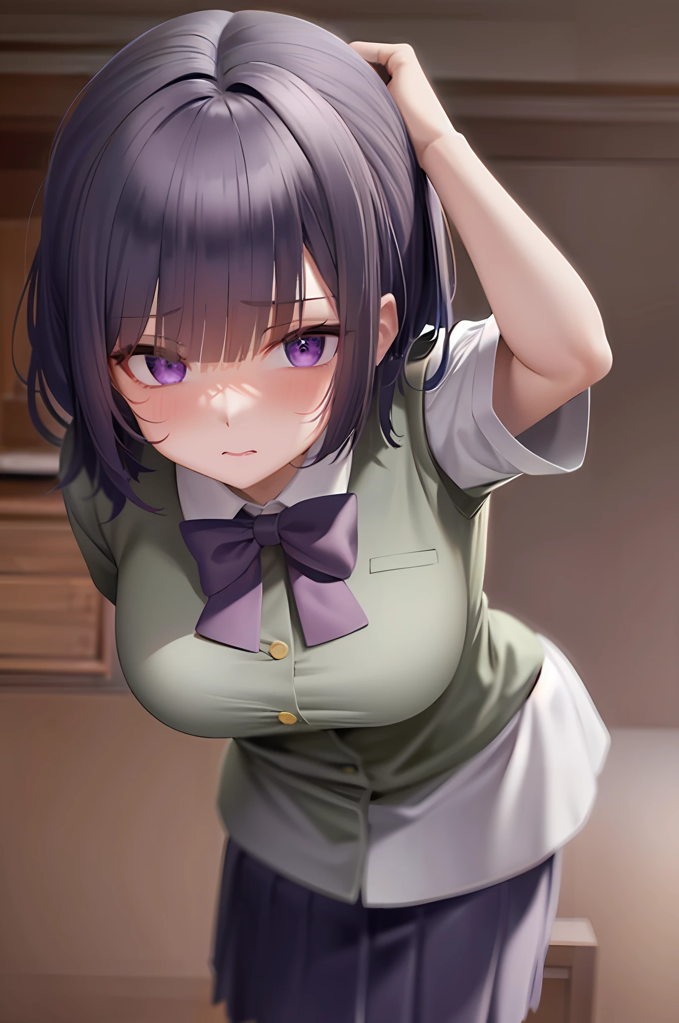Masterpiece, Best Quality, High Resolution, 1girl Solo, Short Purple Hair, Kabedon Pov, Shyness, School Uniform