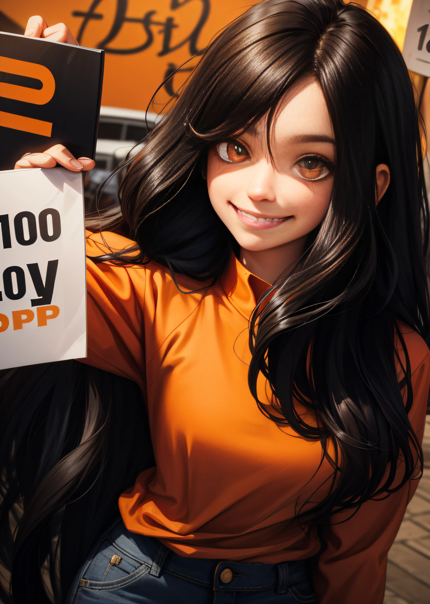 solo, 1girl, evil smile, holding up sign, long hair, hair in one eye, hair clip, glowing eyes, bright pupils, orange shirt, long sleeves, mugshot, height chart