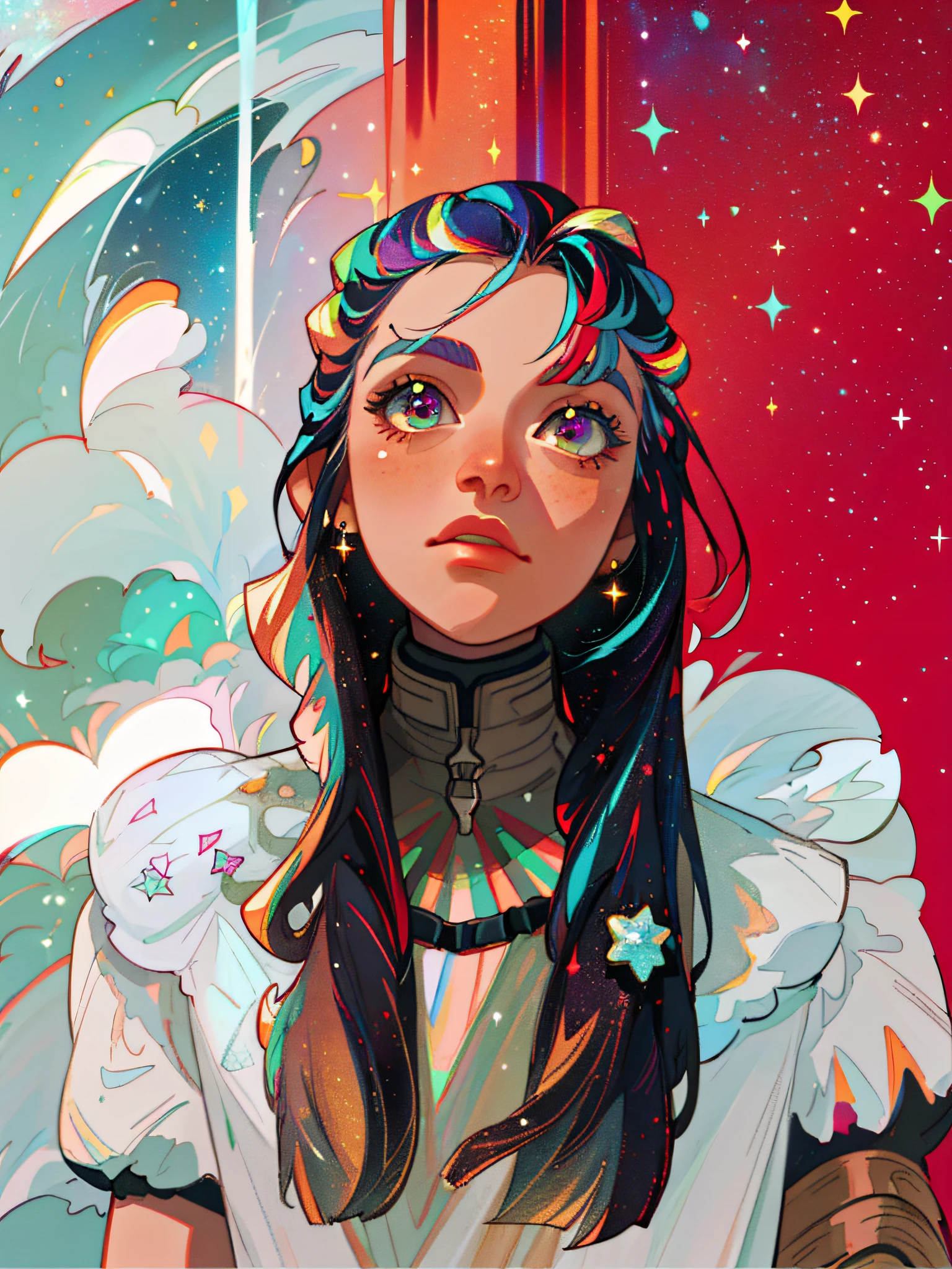 HD, (Best Detail) (Best Quality), Detailed Facial Features, Galaxy, Glitter, Particle, Wind, Flowers, Hair Decoration, Multicolored Hair, Solo, Jewelry, Starry Sky, Sky, Stars, Milky Way,