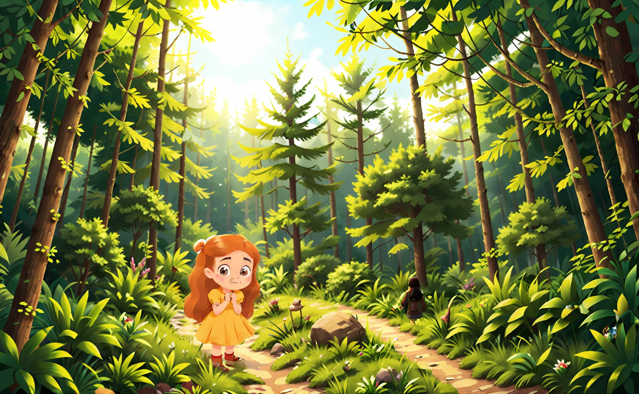 Peaceful, in the dense forest, walking on the path, lost, (high detail: 1.2), Top View
