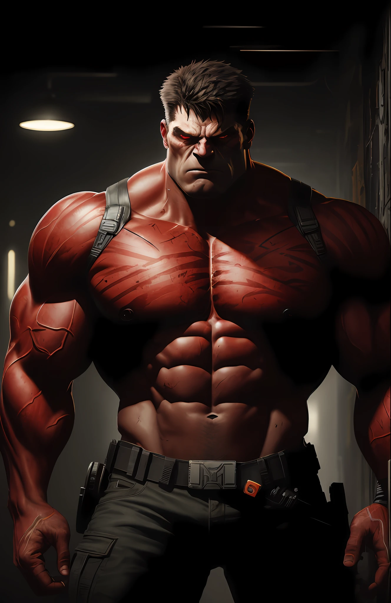(dark shot: 1.1), epic realistic, Red Hulk from Marvel, yellow gradient, black, brown and magenta color scheme, grunge aesthetic!!! graffiti tag wall background, art by Greg Rutkowski and artgerm, soft cinematic light, Adobe Lightroom, darkroom, HDR, intricate, highly detailed, (depth of field: 1.4), faded, (neutral colors: 1.2), (hdr: 1.4), (muted colors: 1.2), hyper-detail (artstation: 1.4), cinematic, warm light, dramatic light (complex details: 1.1)