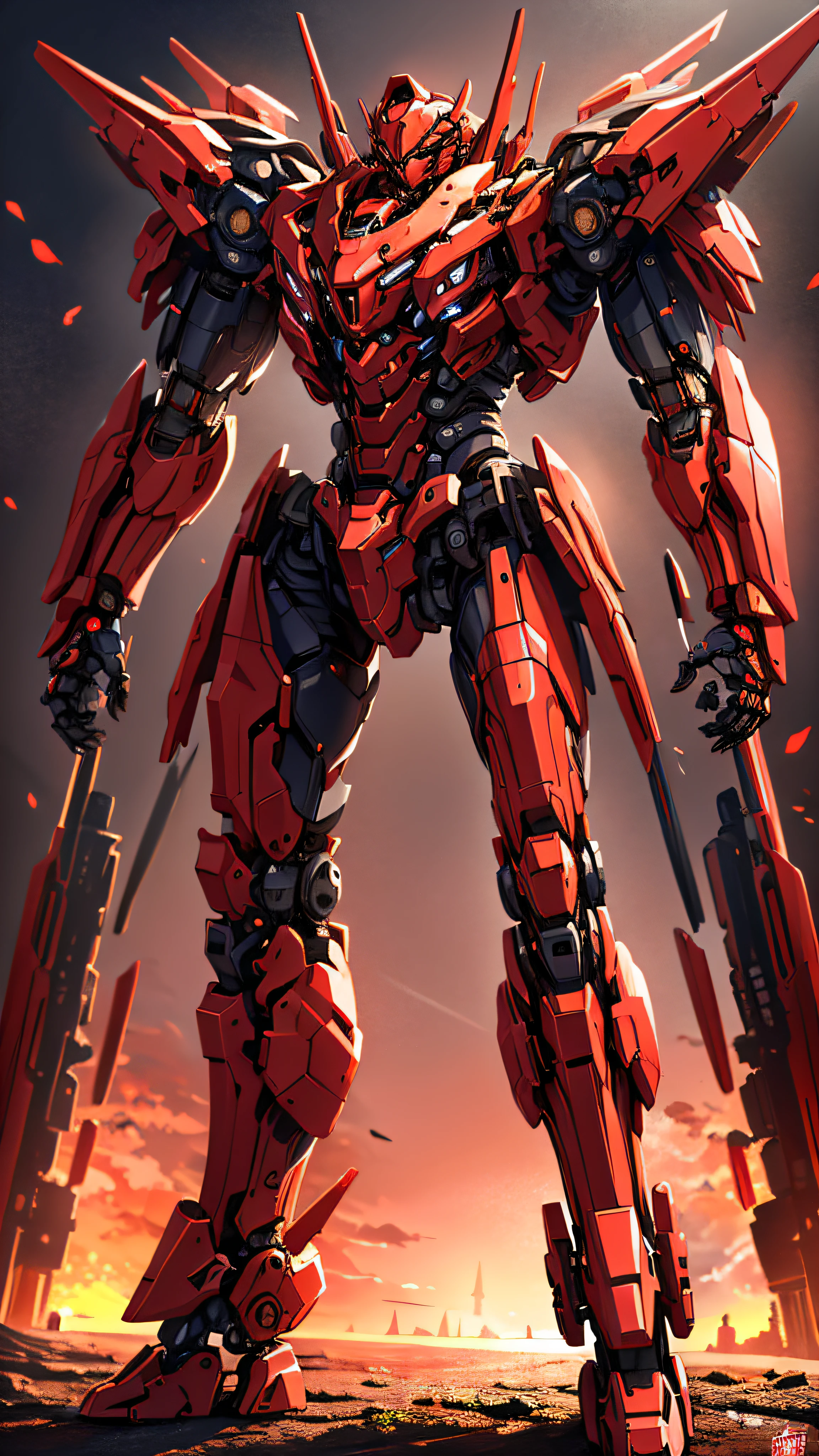 Illustration, ultra-detailed 4K, realistic, clear focus, highly detailed, professional lighting, fine details, simplified styling, red mech full body, standing pose, medium scene, red and black color scheme, tall and mighty, shitu-mecha