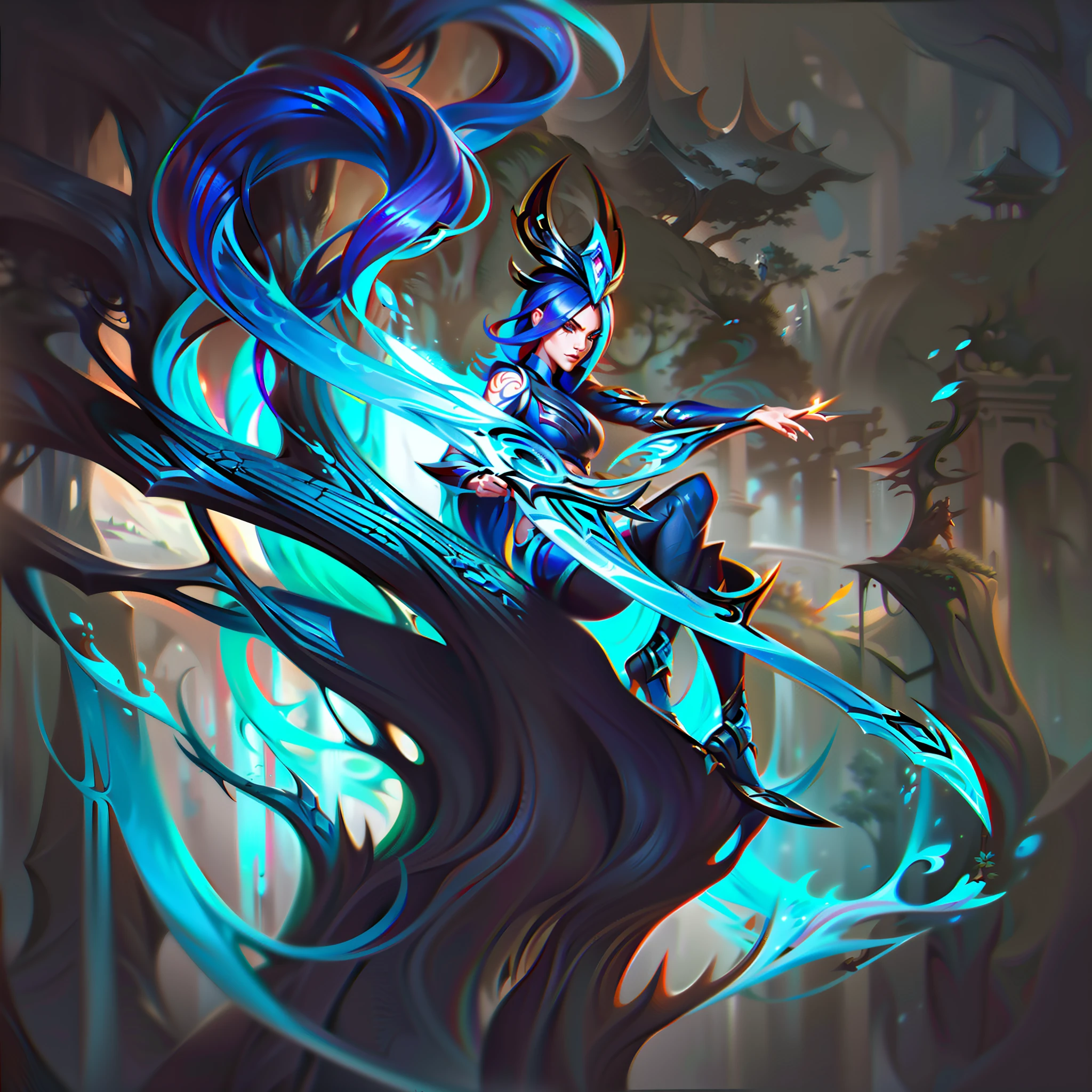 a close up of a person on a tree branch with a sword, concept art inspired by Shen Zhou, trending on Artstation, conceptual art, arcane jinx, qiyana, league of legends character art, official splash art, league of legends style art, splash art, league of legends art style, style league of legends, irelia, character splash art