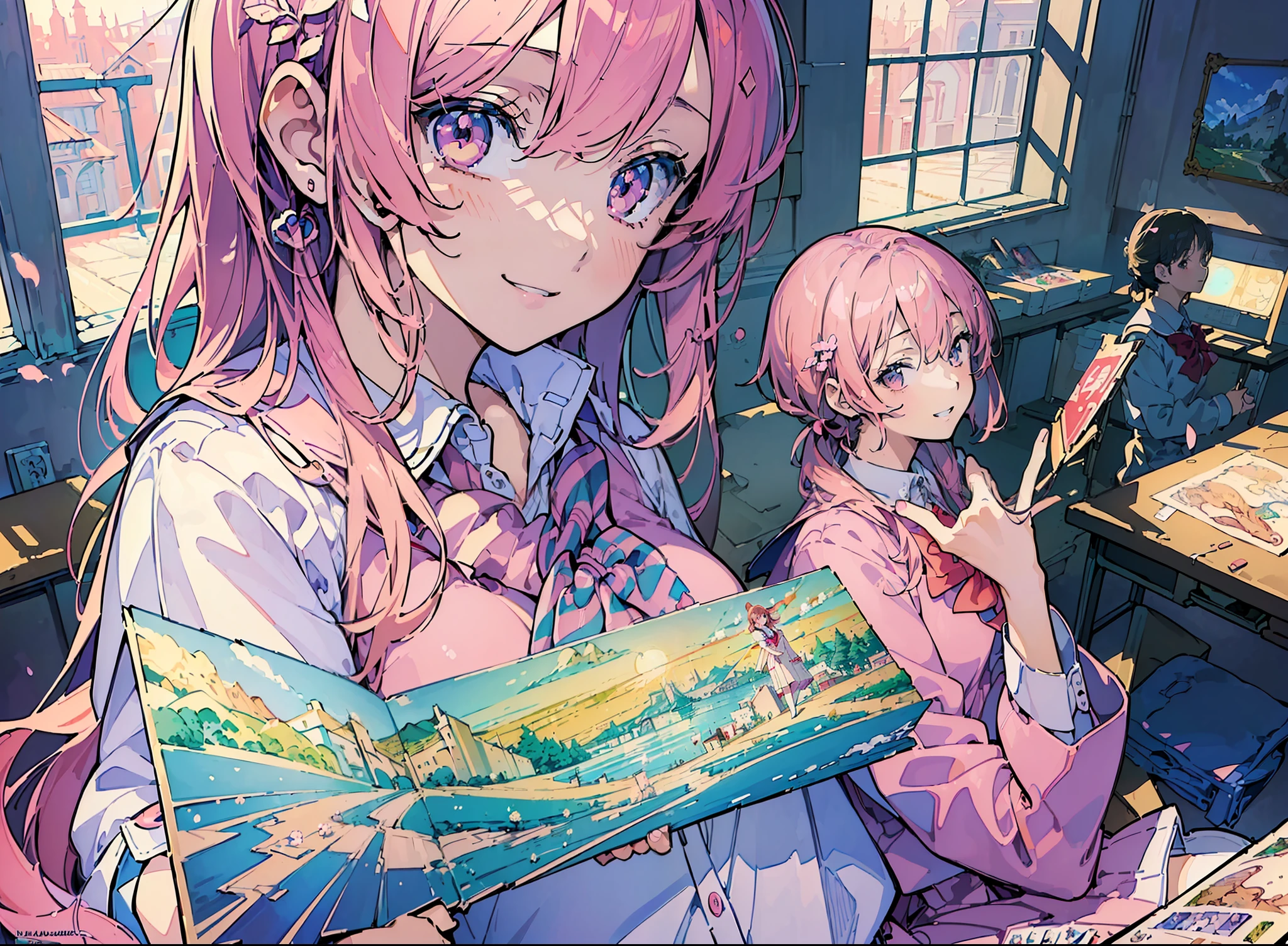 (masterpiece, top quality, best quality, beautiful illustration,official art,anime illustration, beautiful and aesthetic,1Girl,:1.5),beautiful face, pink twitail,(wearing school uniform:1.5),smiling,chatting with friends, having fun, masterpiece background School, classroom, ground