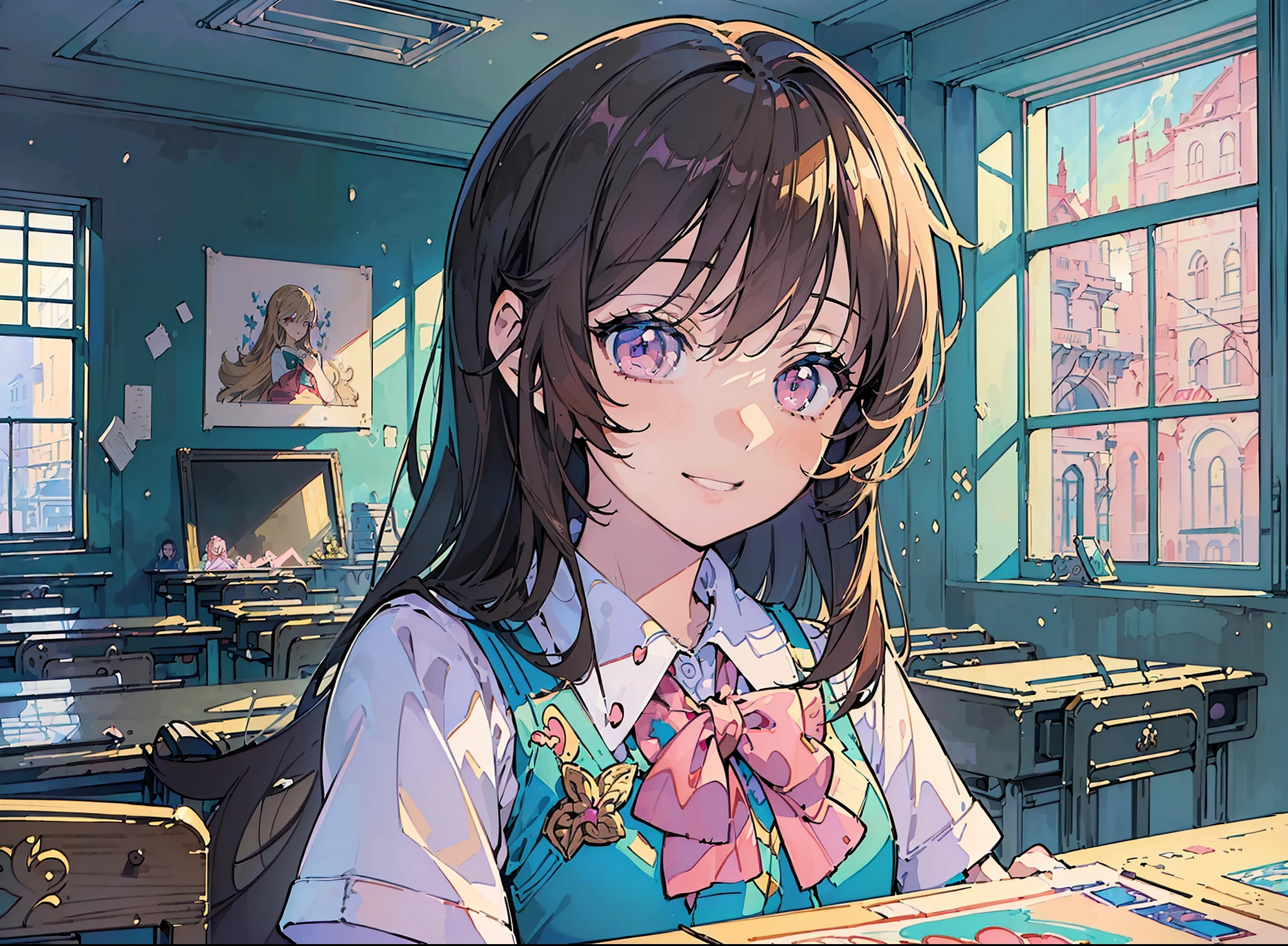 (masterpiece, top quality, best quality, beautiful illustration,official art,anime illustration, beautiful and aesthetic,1Girl,:1.5),beautiful face, pink twitail,(wearing school uniform:1.5),smiling,chatting with friends, having fun, masterpiece background School, classroom, ground