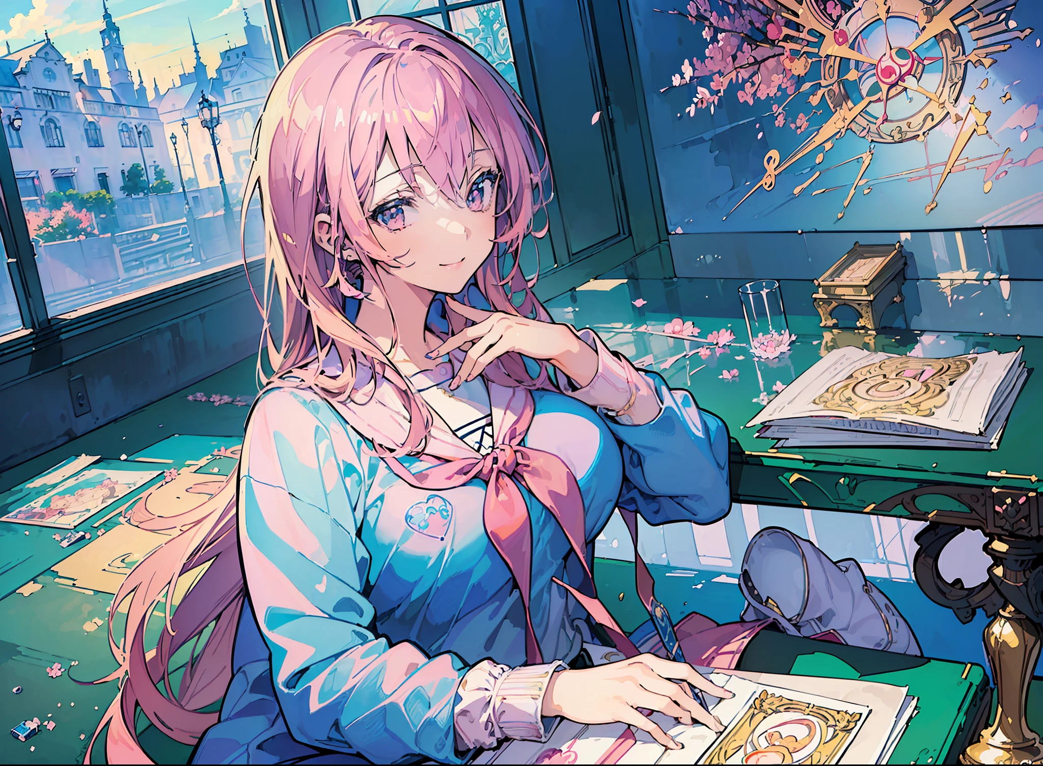 (masterpiece, top quality, best quality, beautiful illustration,official art,anime illustration, beautiful and aesthetic,1Girl,:1.5),beautiful face, pink twitail,(wearing school uniform:1.5),smiling,chatting with friends, having fun, masterpiece background School, classroom, ground