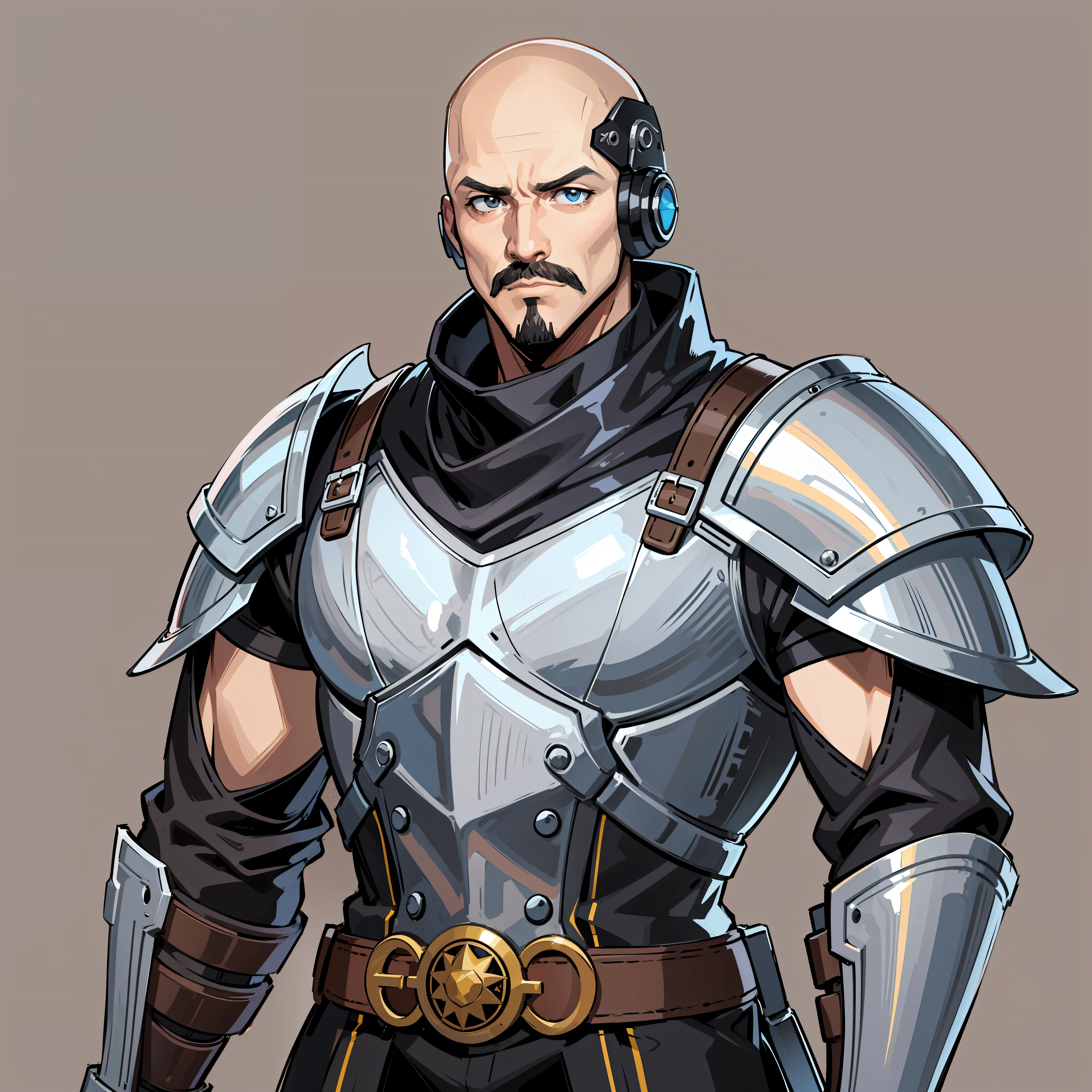 Screenshots of Anime A 40-year-old skinhead mustachioed man dressed like a medieval European knight stands looking at us. X-MEN's Cyclops-like cyber headset Fine line art 2020s anime