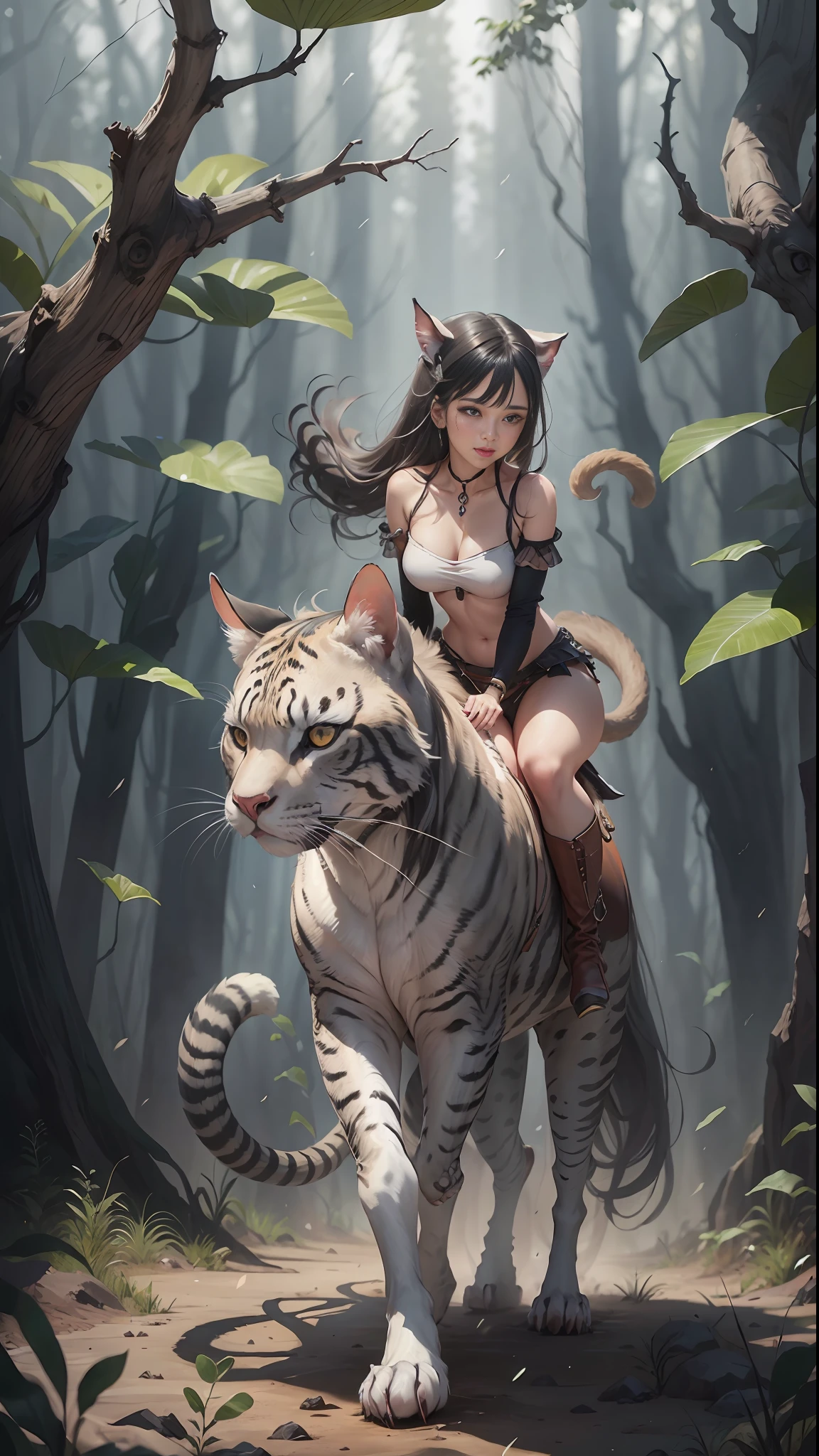 a beautiful woman, riding a wild and prehistoric cat