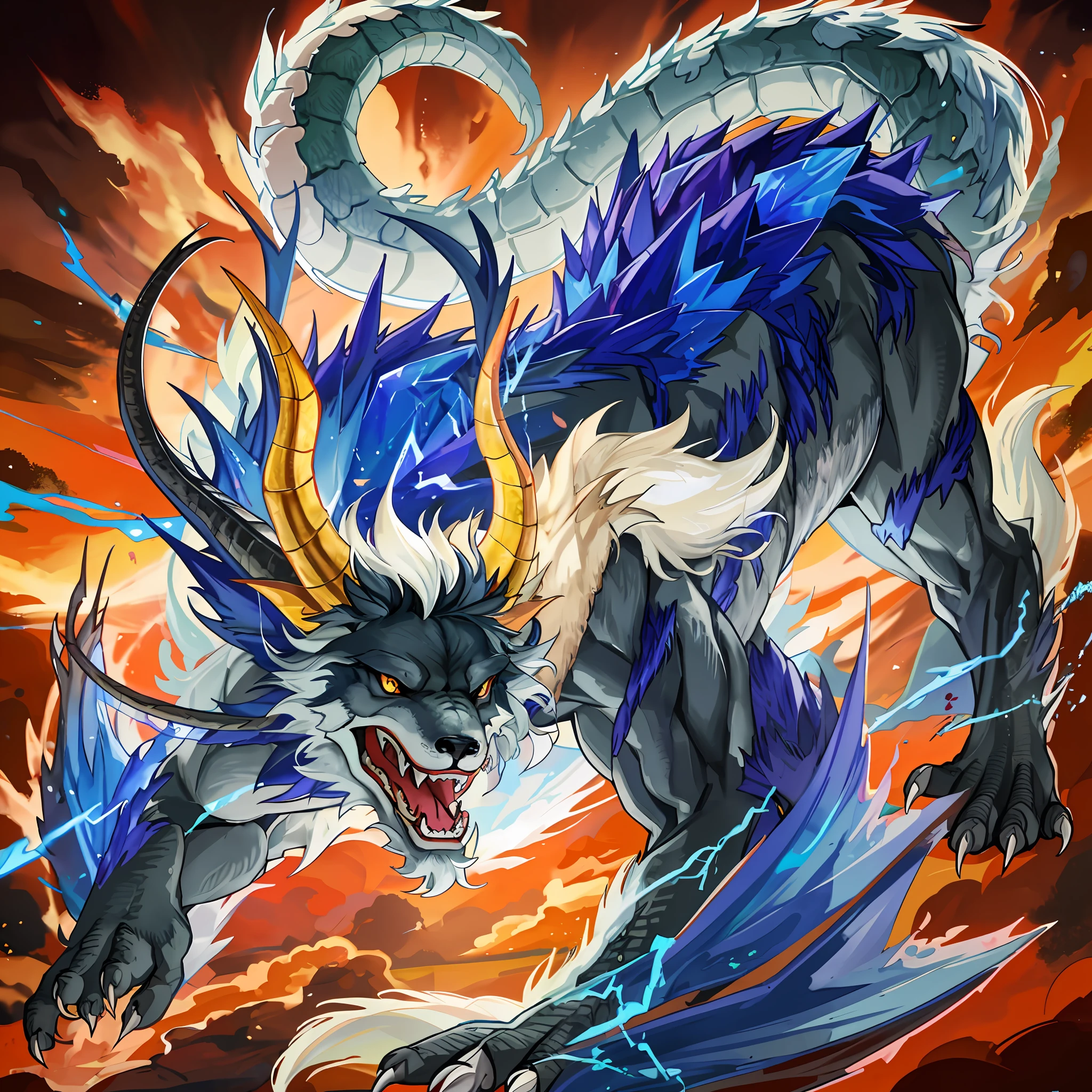 The head of the dragon, the body of the wolf, the tail of the dragon, the whole body is wrapped in lightning, a fierce monster. Game illustration, fix wrong limbs, claws