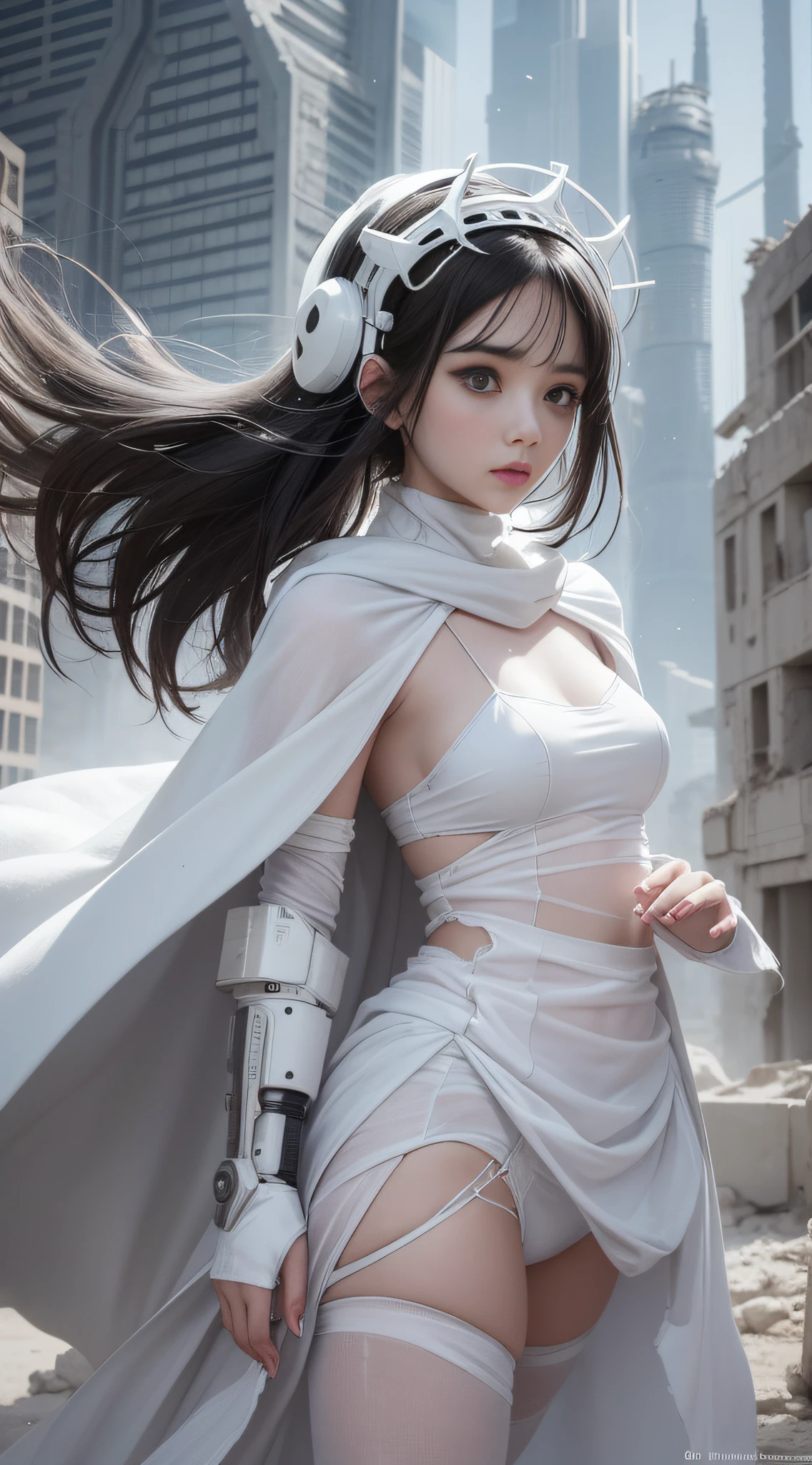 Gray white desert ruins, petite black-haired girl, wearing white religious clothing, clothes wrapped only the whole body of the face and hands and feet, soft cyberpunk style, her clothes like a broken ghost costume, cyberpunk dress, white tattered cape fluttering in the wind, elegant movie pose, movie goddess lens, with characters as the core, straight eyes.