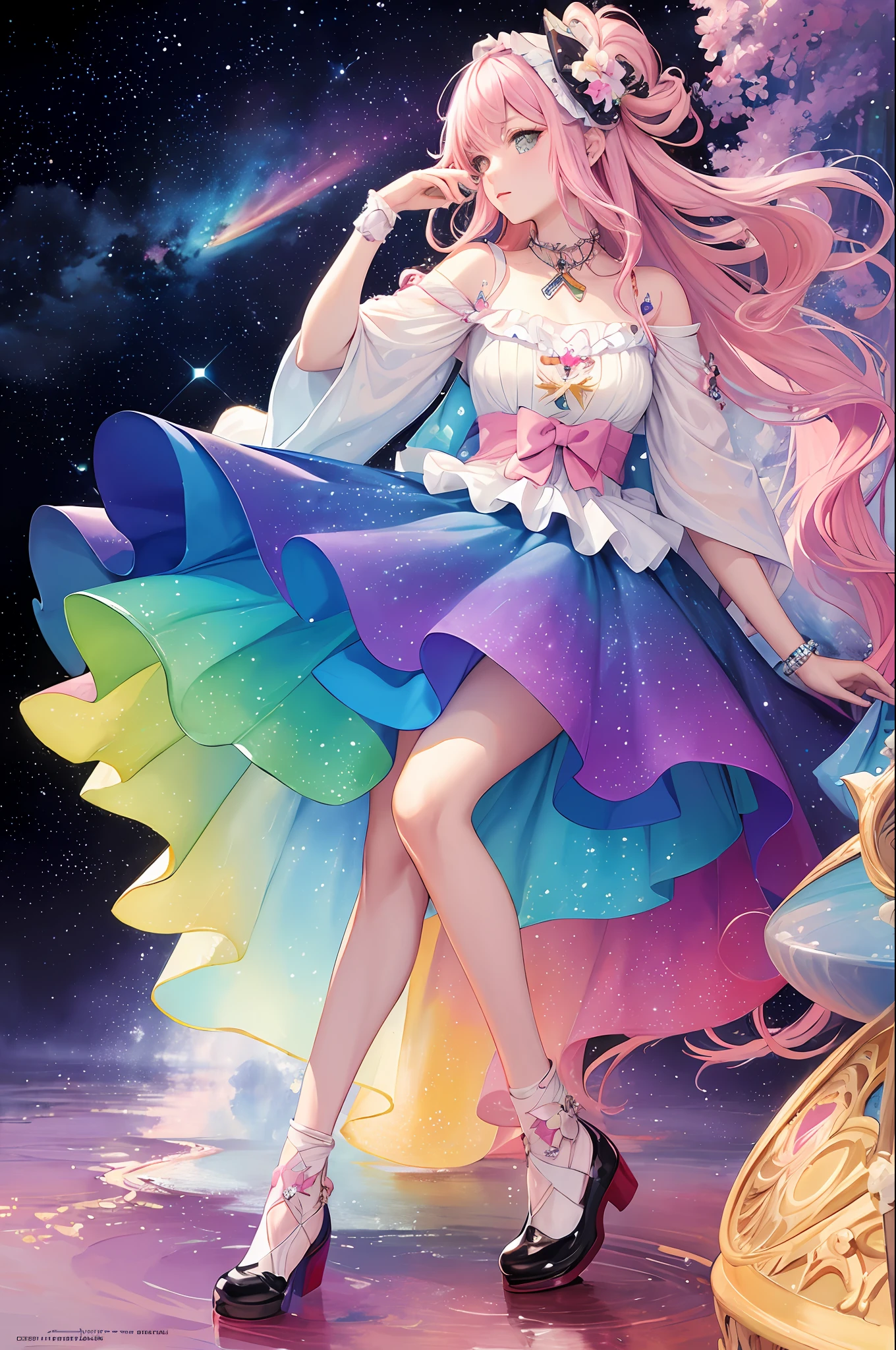 (Masterpiece, Top Quality, Best Quality, Watercolor (Medium), Official Art, Beauty and Aesthetics: 1.2), From the front, looking at the viewer, pattern, (rainbow hair, pink gradient hair: 1.2), water, liquid, clouds, colorful, starry, stars, full body, stockings, star diamond galaxy, flower dowry ta shoes, bow shoe clip;