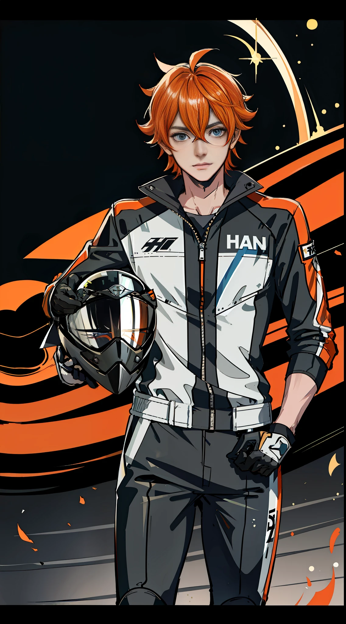 Masterpiece, best quality, delicate facial features, tartaglia (genshin impact), gloves, orange mask wearing right side of head, male focus, 1boy, blue eyes, black gloves, solo, orange hair, bangs, (((racing suit))), hair between eyes, scarf, (kbxll: 0.6), (a motorcycle behind him), night view, street, helmet in hand, gray helmet, (((motorcycle helmet)))