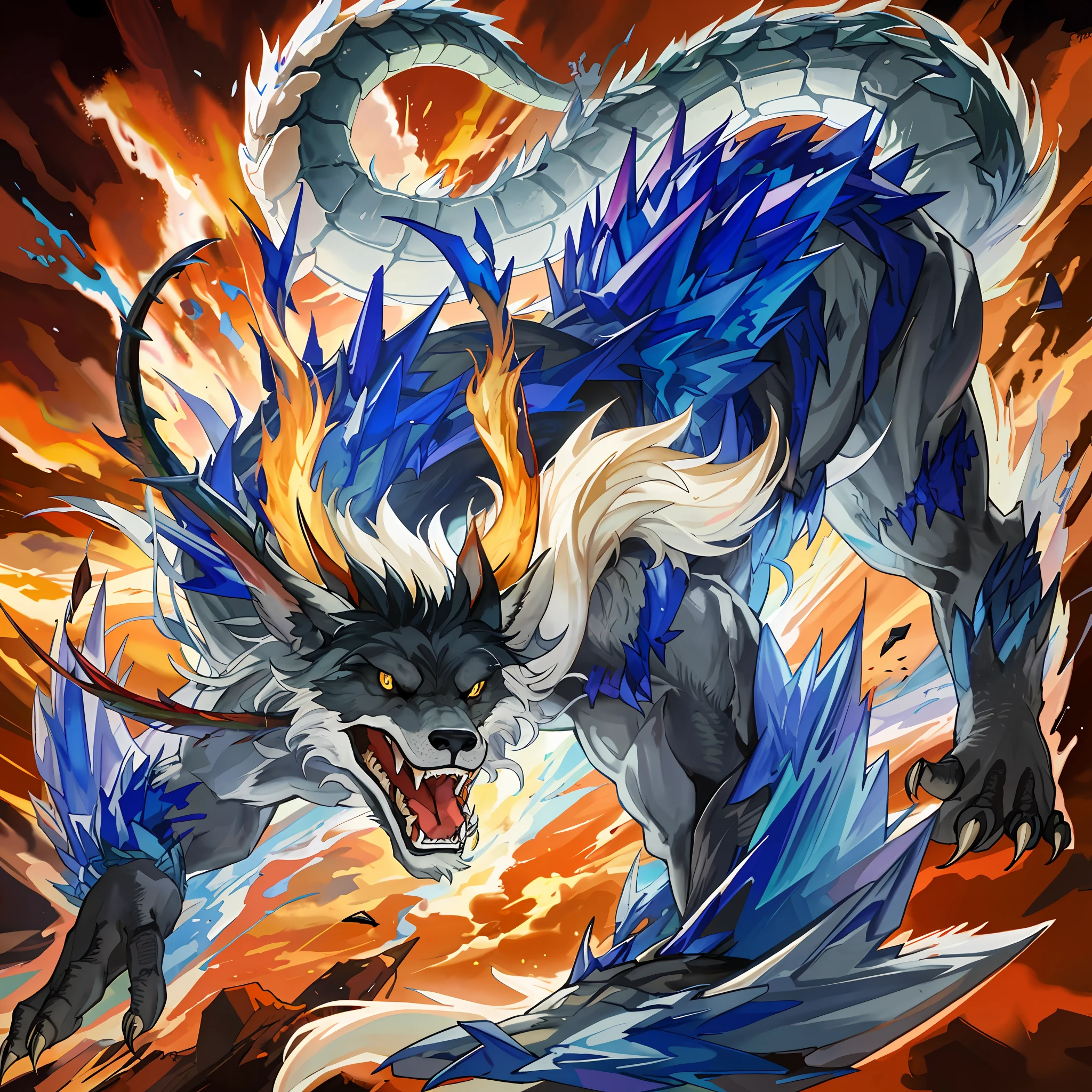 The head of the dragon, the body of the wolf, the tail of the dragon, the whole body is wrapped in lightning, a fierce monster. Game illustration, fix wrong limbs, claws