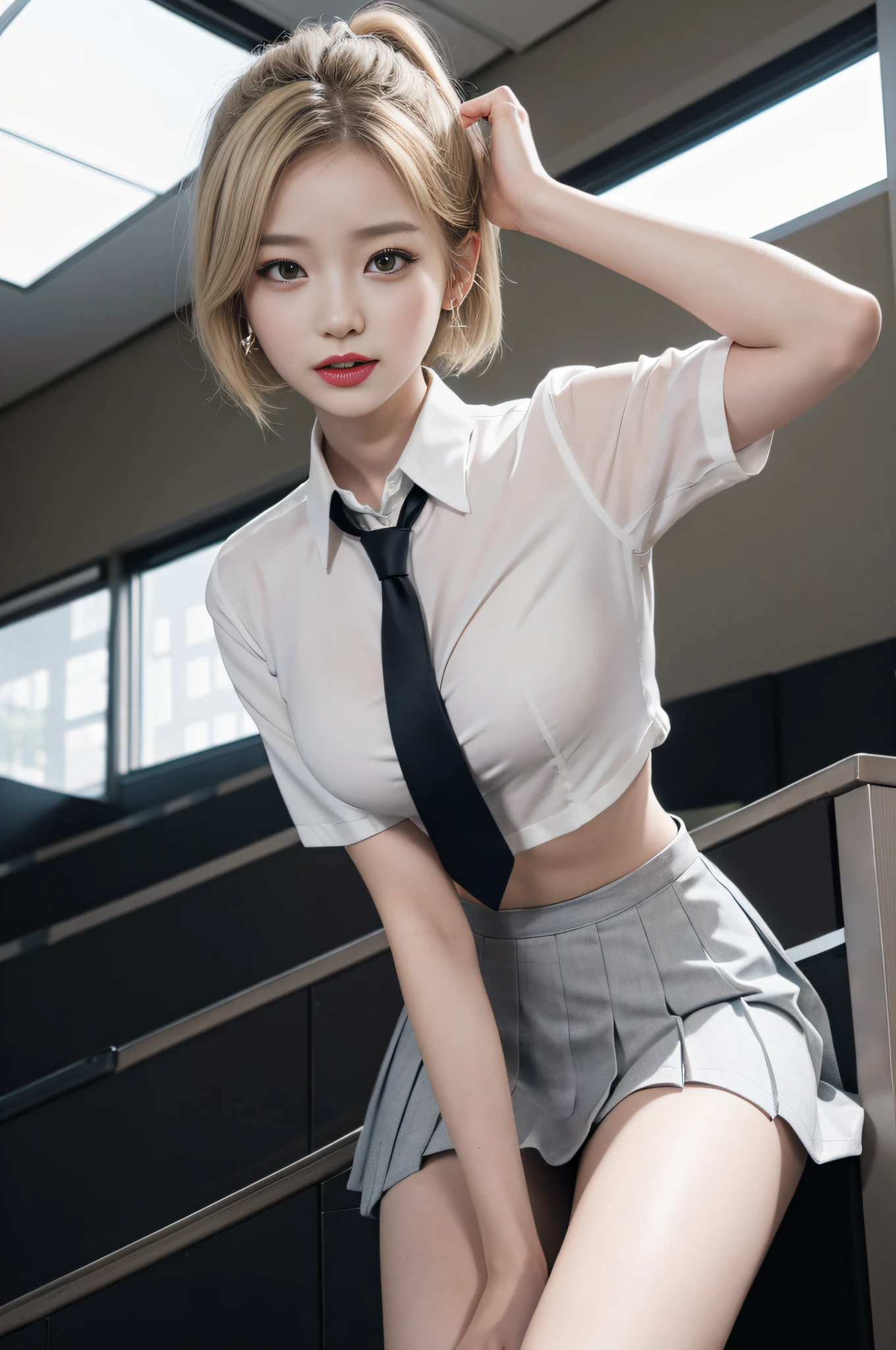 Gray eyes, Korean school uniform, summer school uniform shirt, ribbon tie, skirt, bright blonde, school classroom, school stairs, chest thrusting pose, boasting breasts pose, 8K RAW photo, high resolution, cool Korean at , very big round breasts, beautiful eyes in detail, long eyelashes, beautiful double eyelids, eyeshadow, eyeliner, slender eyes, elongated eye shape, Sanpaku eyes, evil smile, evil look, beautiful very thin legs, beautiful very thin thighs, random short hair, hair tied behind the head, earrings,