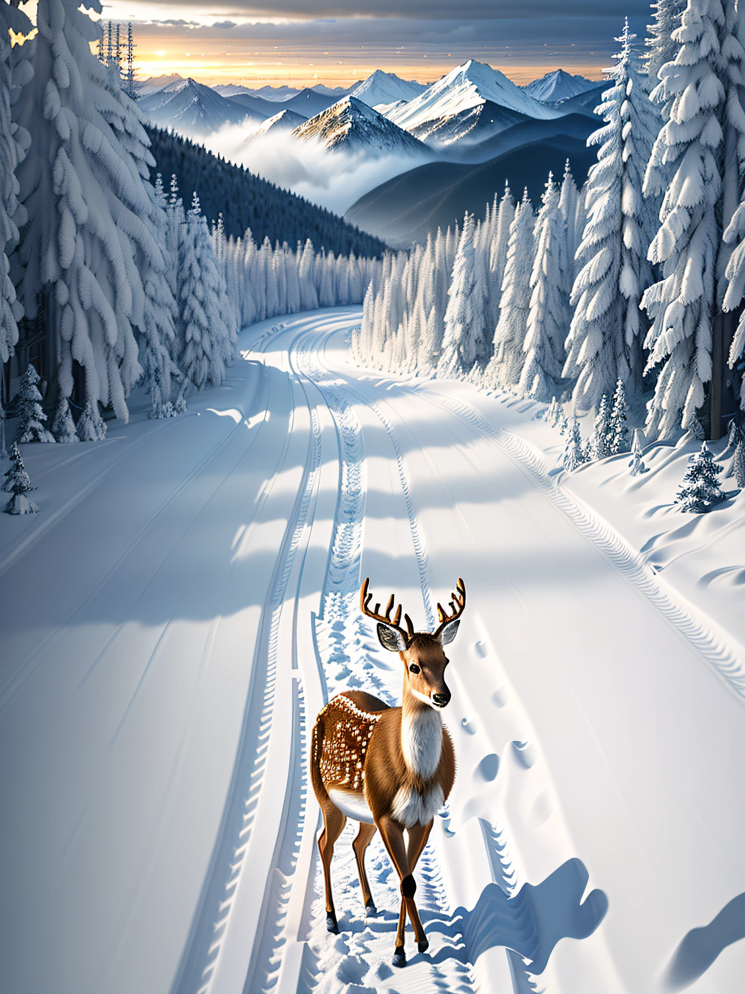 Masterpiece, best quality CG unified 8k wallpaper (with a deer in the center, 1.5) gazes at the viewer, breathtaking winter landscape, covered in snow. (The path) winds into the distance, with evergreen and tall on one side, heavy snow pressing branches, and golden light can be seen in the distance (cloudy mountains).