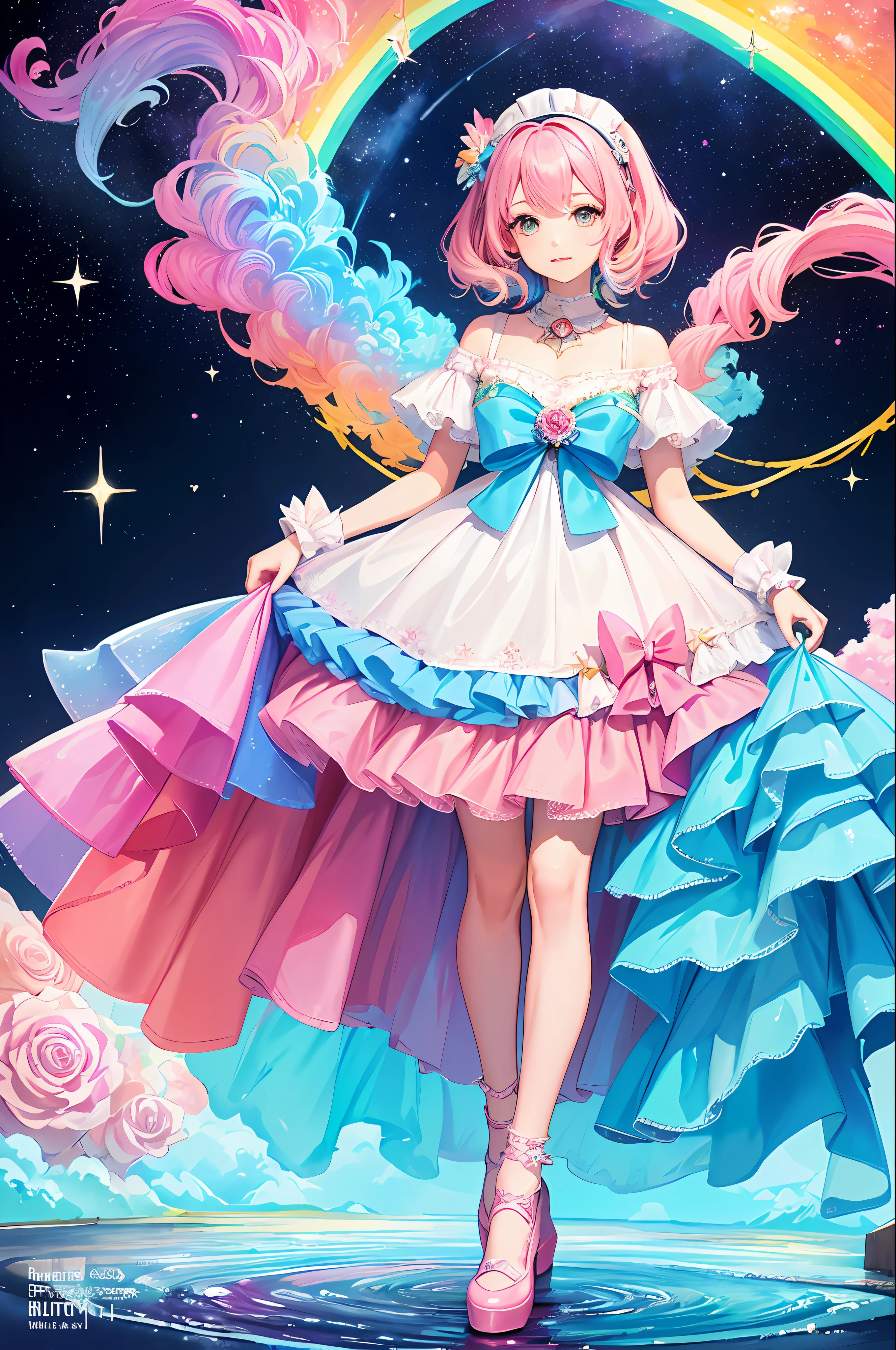 (Masterpiece, Top Quality, Best Quality, Watercolor (Medium), Official Art, Beauty and Aesthetics: 1.2), From the front, looking at the viewer, pattern, (rainbow hair, pink gradient hair: 1.2), water, liquid, clouds, colorful, starry, stars, full body, stockings, star diamond galaxy, flower dowry lolita shoes, bow shoe clip;