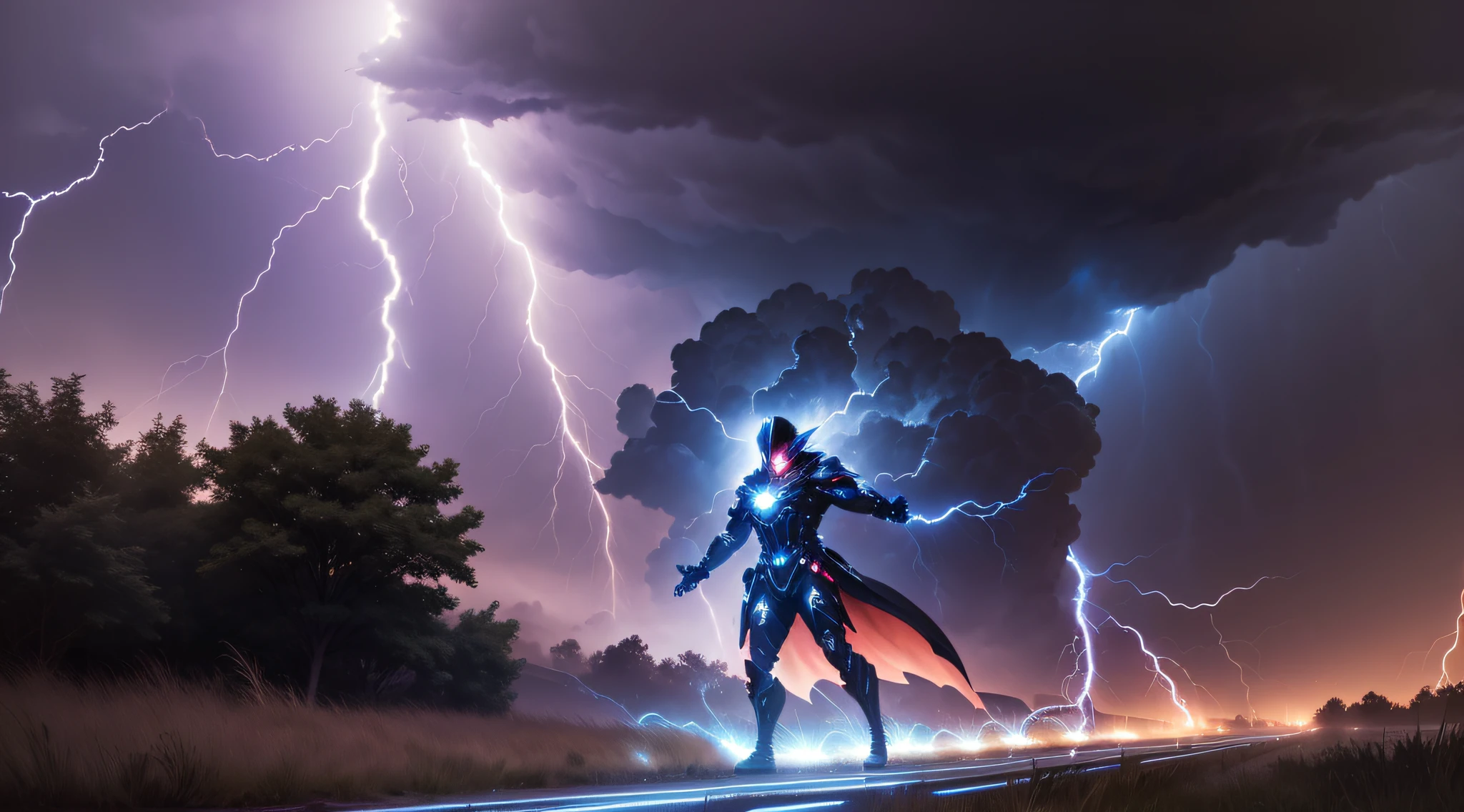 Thunder and lightning piercing through the night sky, illuminating the darkness as bolts of light touch the ground.
