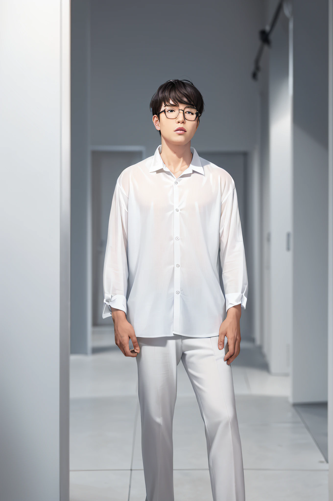 Anime male protagonist in white shirt and pants standing in front of gray background, white wrinkled shirt, white shirt, white button shirt, linen shirt, light shirt, white shirt, full body wide shot, young man short, white shirt, 3/4 front view, white dress shirt, white poet shirt