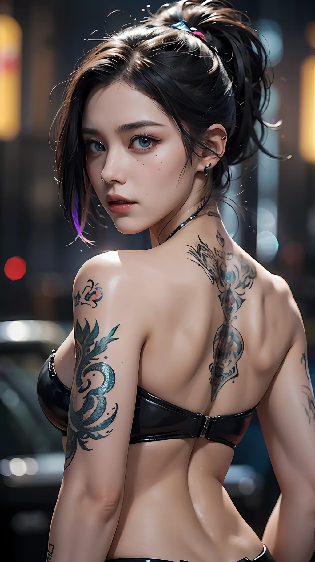 masterpiece, photorealism, buckshot, beautiful detailed shiny hair, beautiful woman with dragon tattoo on back, show back, cyberpunk night city, beautiful detailed eyes, pixiv, high quality, 8k, elaborate, unreal engine 5, gorgeous and ultra detailed, edge lighting, highly detailed, fine detail