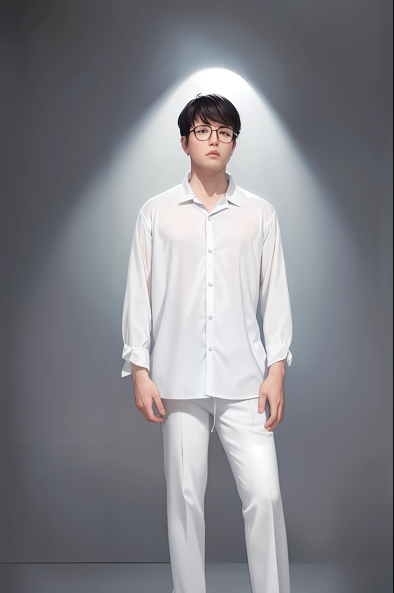 Anime male protagonist in white shirt and pants standing in front of gray background, white wrinkled shirt, white shirt, white button shirt, linen shirt, light shirt, white shirt, full body wide shot, young man short, white shirt, 3/4 front view, white dress shirt, white poet shirt