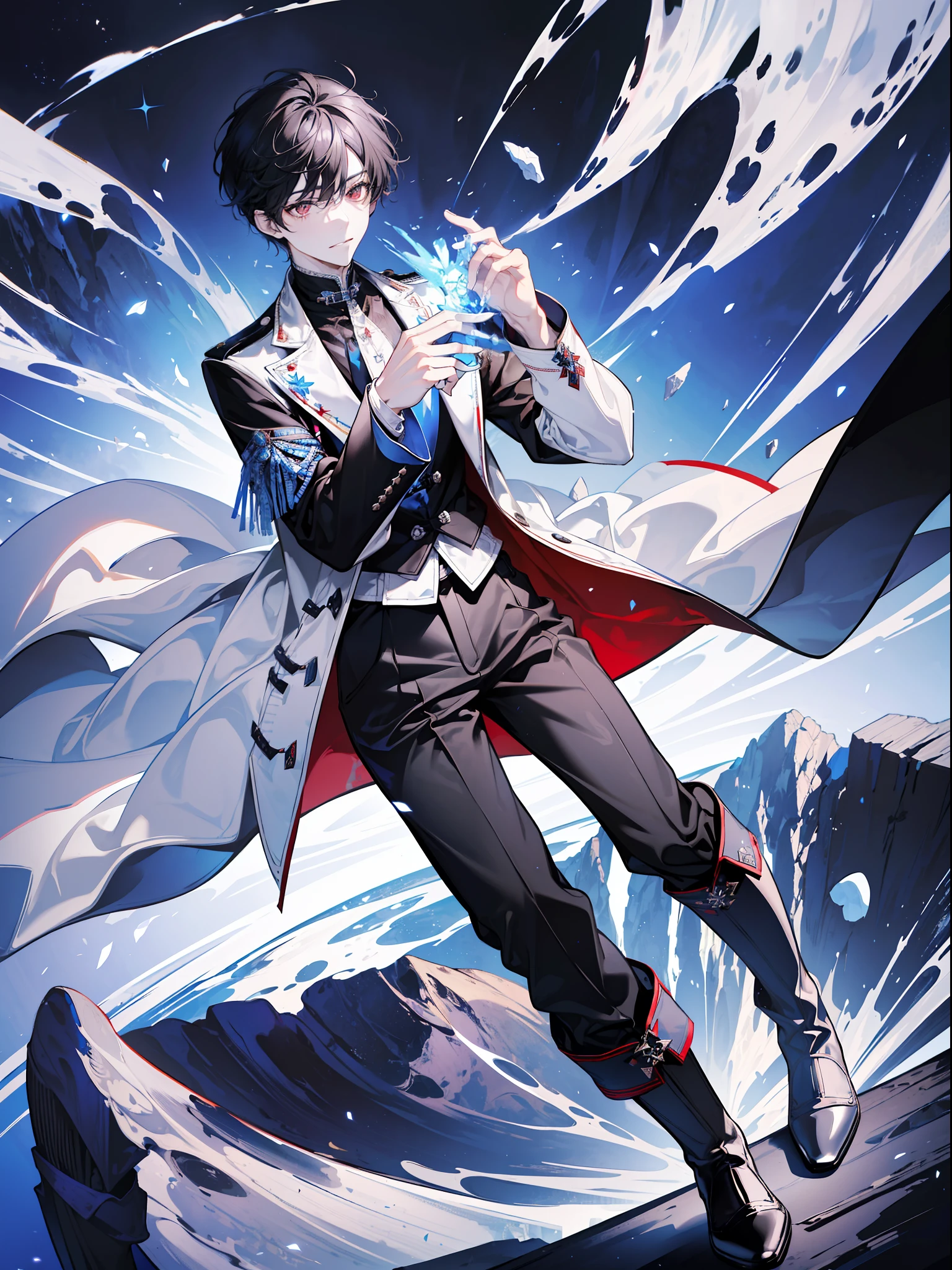 (absurd, high resolution), (panorama), a man, very handsome, flying in the sky, red eyes, short hair, black hair, smile, white trench coat, black trousers, black boots, (white magic streamers for hands), medieval wind, magic blooming, (blue magic array under the feet), ancient wind, soul ring, exaggeration