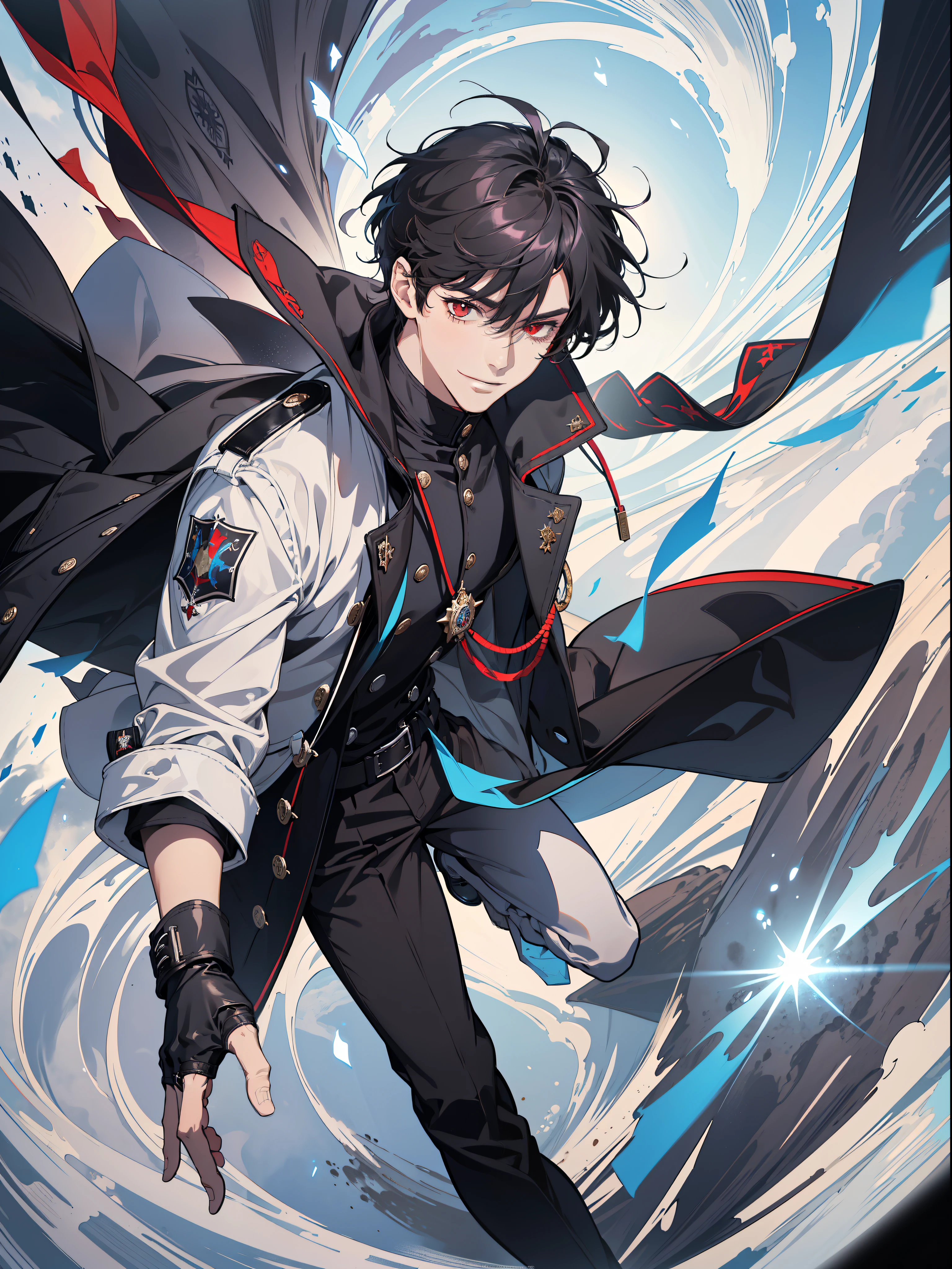 (ridiculous, high resolution), (panorama), a man, very handsome, flying in the sky, red eyes, short hair, black hair, smile, white underwear, black trench coat, black trousers, black boots, (hands white magic streamer), medieval wind, magic bloom, (blue magic array under the feet), daytime, ancient wind, soul ring, exaggeration