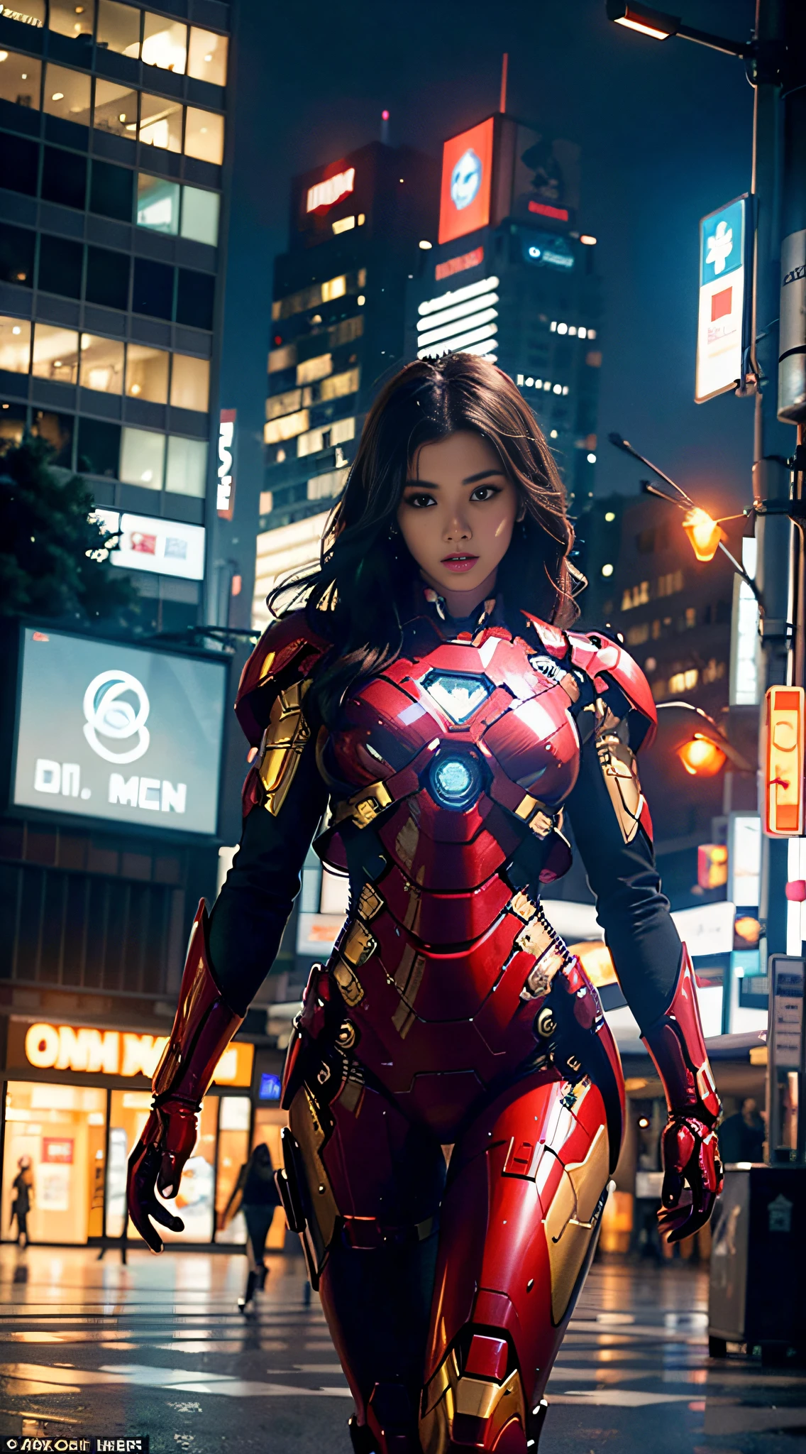 8k, realistic, attractive, highly detailed, a 20 year old girl a sexy and attractive woman inspired by Iron Man wearing a shiny Iron Man mech. She dresses with sexiness and confidence, perfectly interpreting Iron Man's strength and charisma. In a cyberpunk-style city night scene, a sexy and attractive woman takes Iron Man's cosplay as the theme. Wearing a shiny Iron Man mech, she stands on a street lined with tall buildings. The night lights of the city are bright, reflecting on her mecha, adding a sense of future technology. The surrounding buildings and streets are full of cyberpunk elements, such as neon lights, high-tech devices and futuristic architectural designs. The whole scene is full of futuristic and sci-fi atmosphere. This high-definition, high-quality picture will bring you stunning visual enjoyment, a perfect combination of sexy, futuristic and sci-fi elements. oc rendering, dramatic lighting, award winning quality