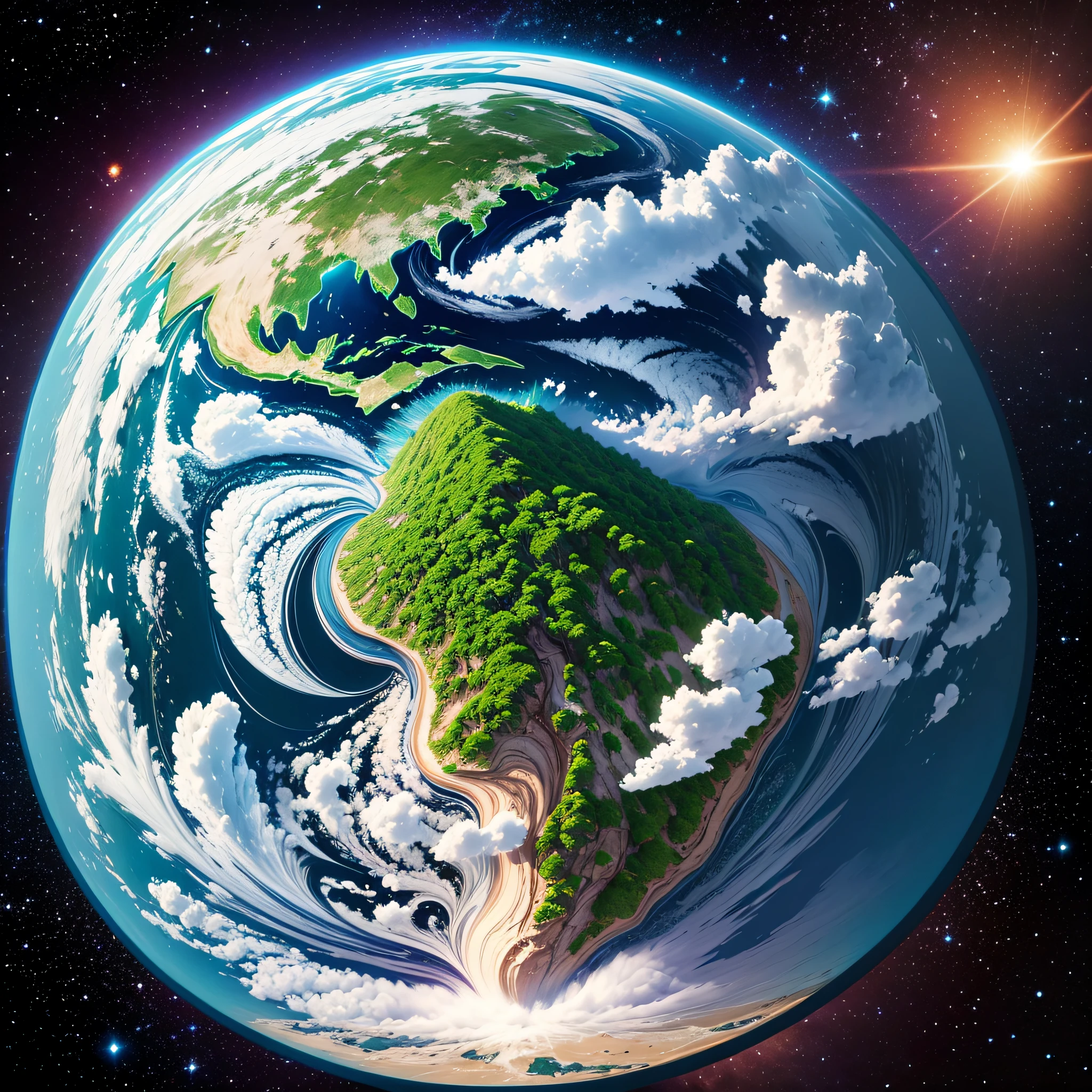 create image of planet earth vision in space with sea trees,mountains,flowers,coming out --auto --s2