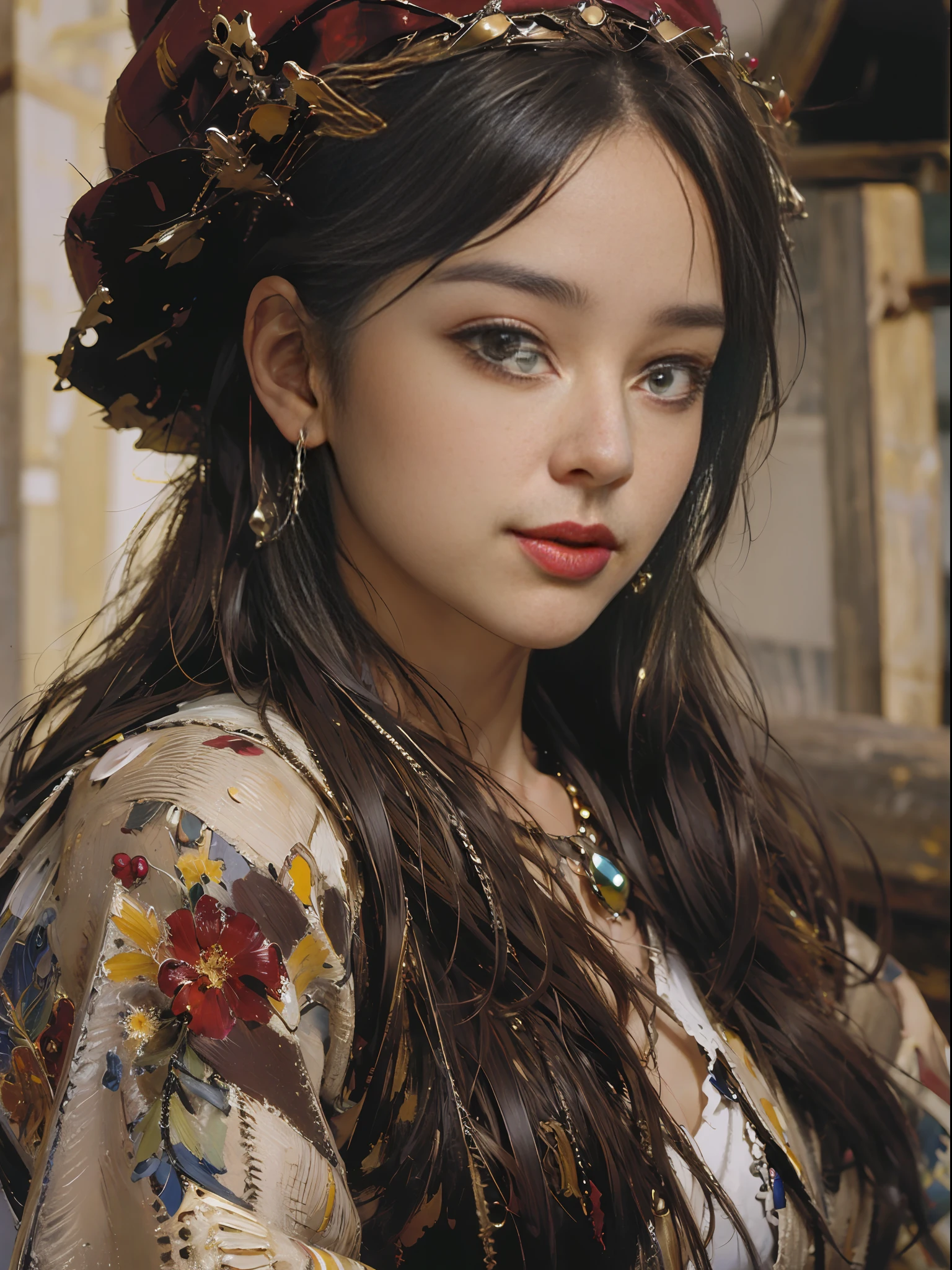 masterpiece, best quality, ultra detail, Depth-Of-Field, ultra high res, sharp focus, photorealistic, RAW photo, 1 girl, exquisitely detailed skin, (smile:0.6), Bright maroon winter coat, wool hat, fechin, (oil painting:1.2), wood house, cinematic light, rim lighting, deep shadow,