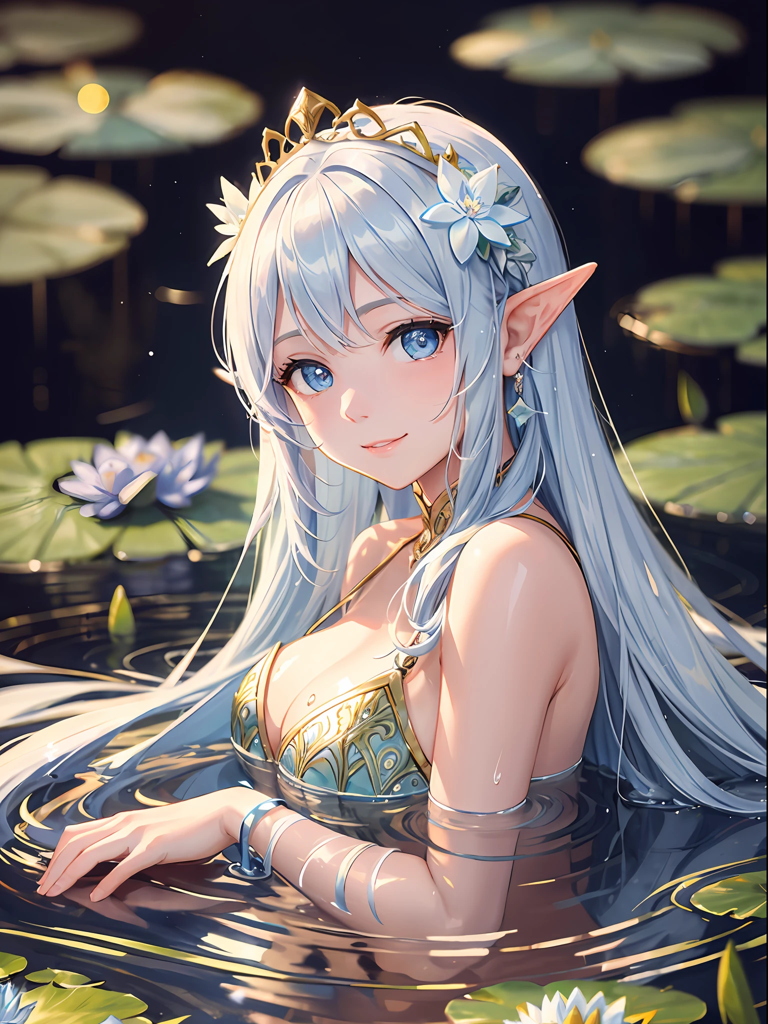 Girl, blue water lily. Water lily fairy, feathers, face focus. With elven ears, fairy wings and beautiful detailed eyes. White eyes. Golden hair. Straight. White crystal clear skin. Water lily hair ornament. Golden tiara. Long dress in white. Water lily pond. A pond with many water lilies in bloom. The depth of field in the photo is perfect, and the lens flare adds a nice touch. For this photo the score is definitely over 10. Beautiful face smiling gently.