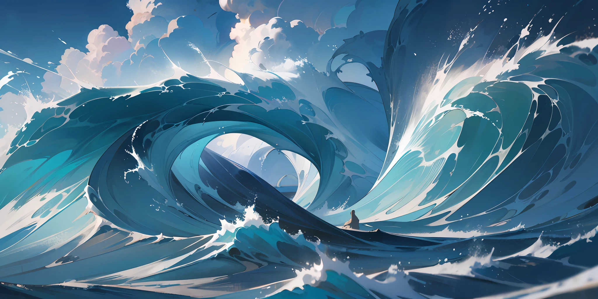 Masterpiece, best quality, official art, extremely detailed CG unified 8k wallpaper, no man, landscape painting, white waves separated to both sides, sea water, white, blue, cyan,