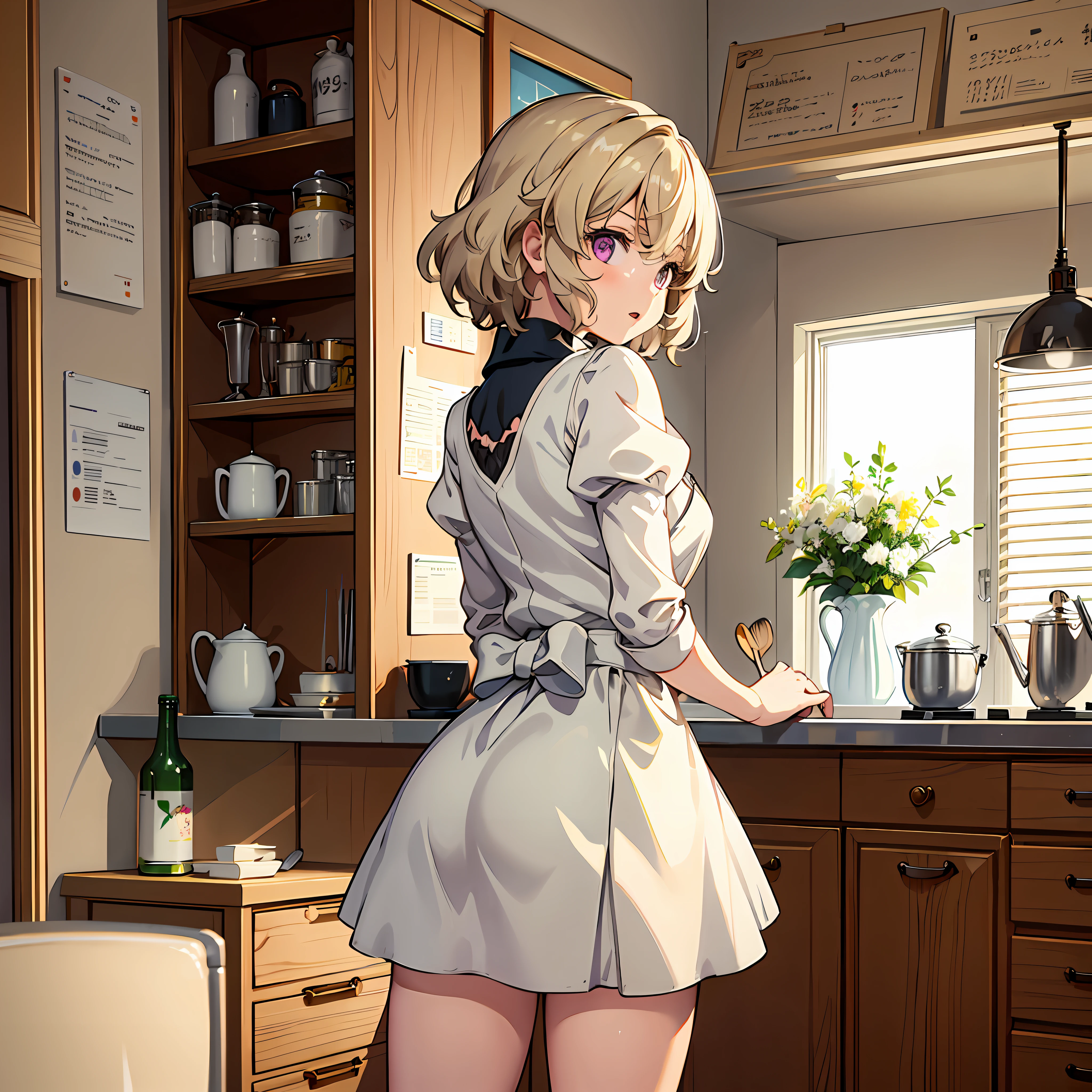 masterpiece, 1girl, maid outfit, cooking soup, indoors, kitchen thighs, happy,  (iwanagakotoko:0.9), ultra detailed, beautiful body, blonde hair, short hair, iwanaga kotoko, cute, good anatomy, highest quality, fullbody, standing, sweet, from behind
