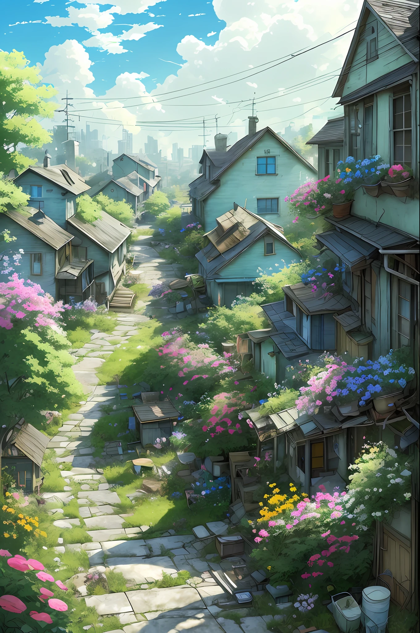 very cozy little place, hyper realism, (anime Makoto Shinkai:0.4), old shabby house in city street, home wiring, outdoors, sky, cloud, day, scenery, tree, blue sky, building, sign, wires, railing, wide shot, utility pole, town, wilderness, flowers, a lot of utensils lying around in a mess