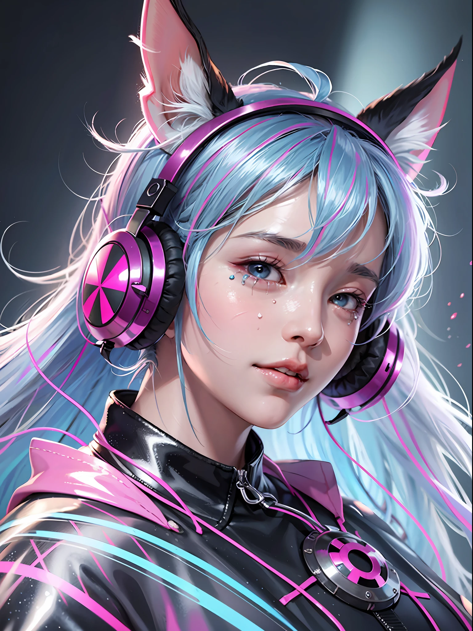 Hair side up, neon hair, cloud hair, ((hair covered ears)), (ears covered by hair), demon horn, scar on cheeks, mask, half, headphones, multiple hair bows, empty eyes, tears, bat ears, iceberg beauty, smile, shyness, upside down, ray tracing, reflected light, high detail, anime, 1080p, high detail --auto --v 6