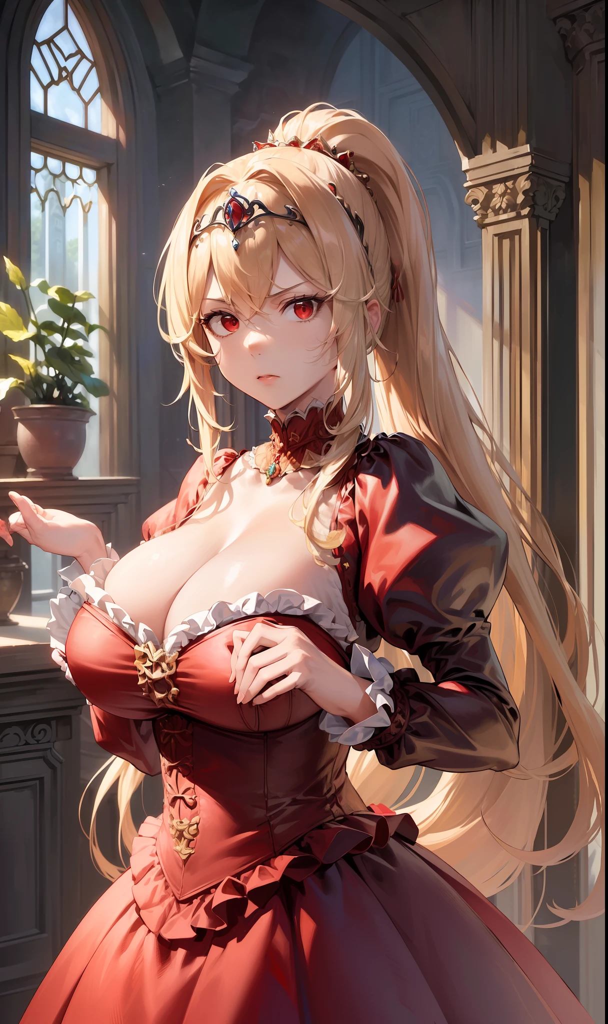 (Masterpiece, Best Quality, High Quality, Highres:1.4), Detailed, Extremely Detailed, Ambient Soft Lighting, 4K, Ornate,Indoors, (Renaissance, Vintage:1.4), Plants, Window,1Gril, (Solo:1.4), (Milf:1.2), Standing, Upper Body, (Face Focus:1.2),(Extremely Detailed Hair:1.2), Blonde Hair, Long Hair, Long Sidelocks, Bangs, (Hair Intakes, High Ponytail:1.4),
Expressionless, Emotionless, (Red Eyes, Glaring, Contempt, Disgust, Looking at Viewer:1.2),
Curvy, Huge Breasts, Skindentation, (Bursting Breasts:1.2),
(Tiara:1.2), Crown, (Cleavage, Strapless, Red Dress, Frilled Dress, Long Skirt, Puffy Skirt, Puffy Sleeves, Juliet Sleeves, Long Sleeves:1.2), Jewelry,
