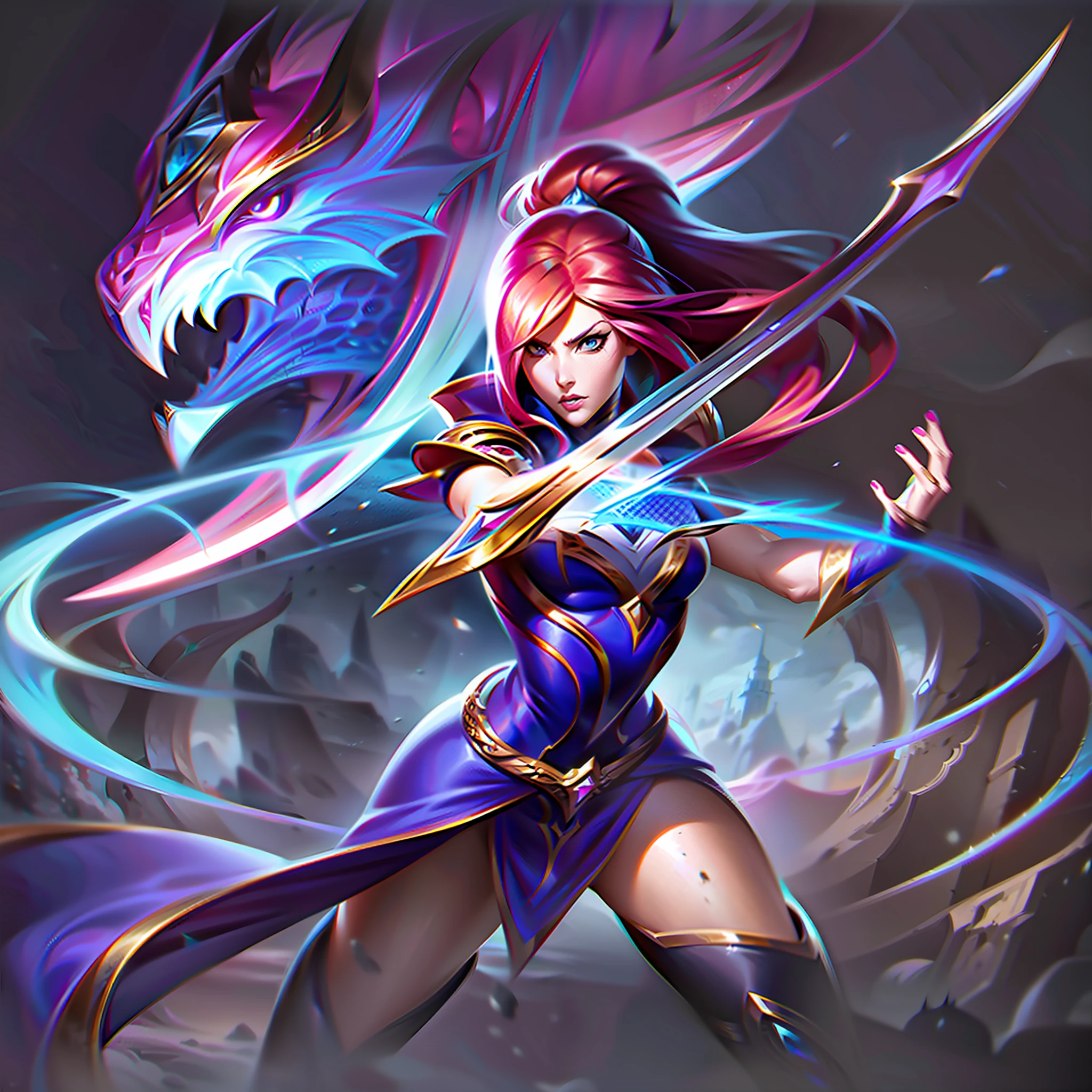 anime - style artwork of a woman with a sword and a dragon, concept art by Yang J, Artstation contest winner, fantasy art, league of legends splash art, anime epic artwork, league of legends concept art, riot games concept art, league of legends character art, league of legends art, extremely detailed artgerm, concept art | artgerm
