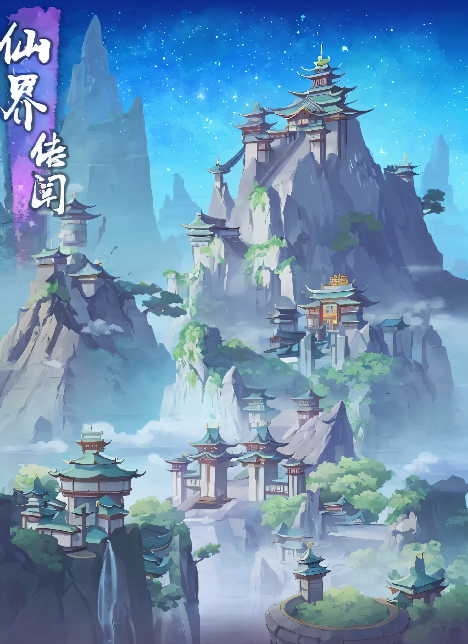 There are mountain city cartoon style scene pictures, mobile game background, mountain fortress city, temple background, G lingering art style, background art, fairy fantasy, yin-yang master detailed art, ancient city landscape, background artwork, Hirase Jinyao, Shiraishi ancient city, anime background art, Chinese castle, ink style