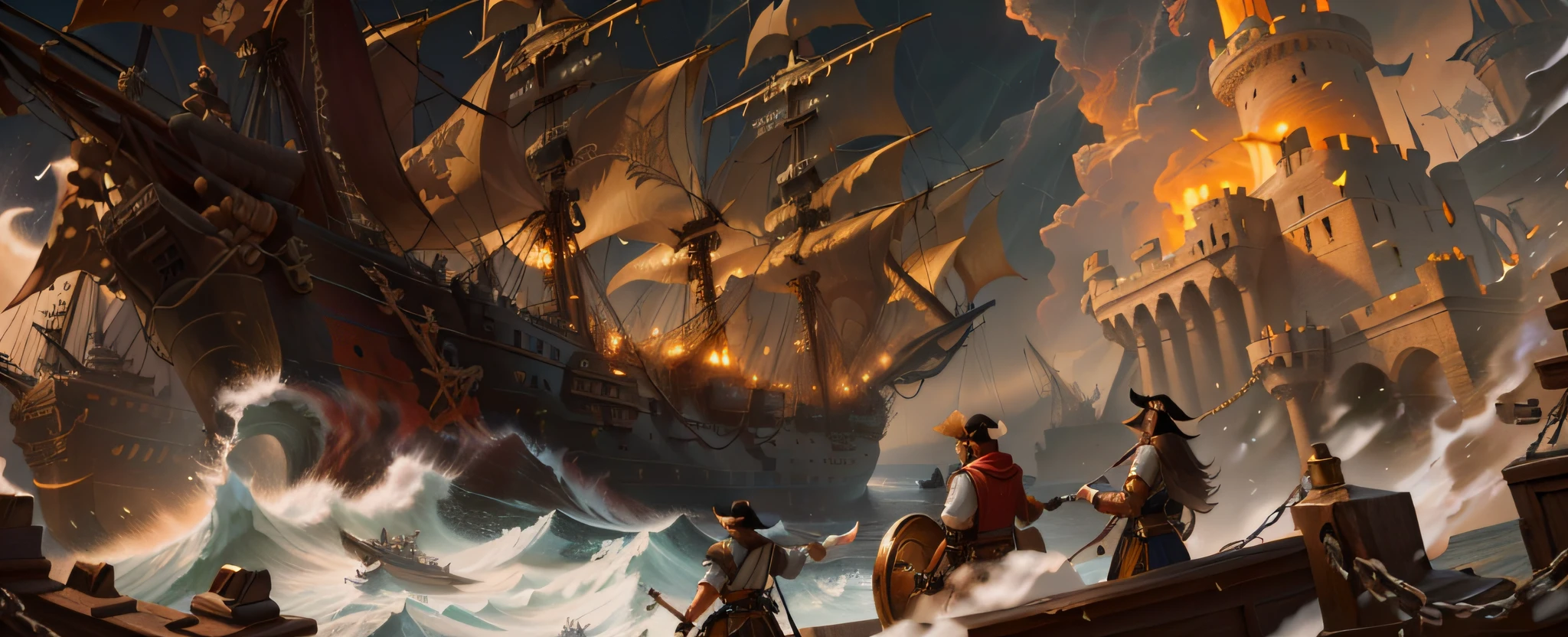 pirates on a ship in a storm with a castle in the background, 4k highly detailed digital art, detailed game art illustration, Artstation contest winner, a sea battle, epic naval battle, 4k detailed digital art, 4k detailed art, detailed painting 4 k, ships with sails underneath, award - winning epic painting, 8k high quality detailed art