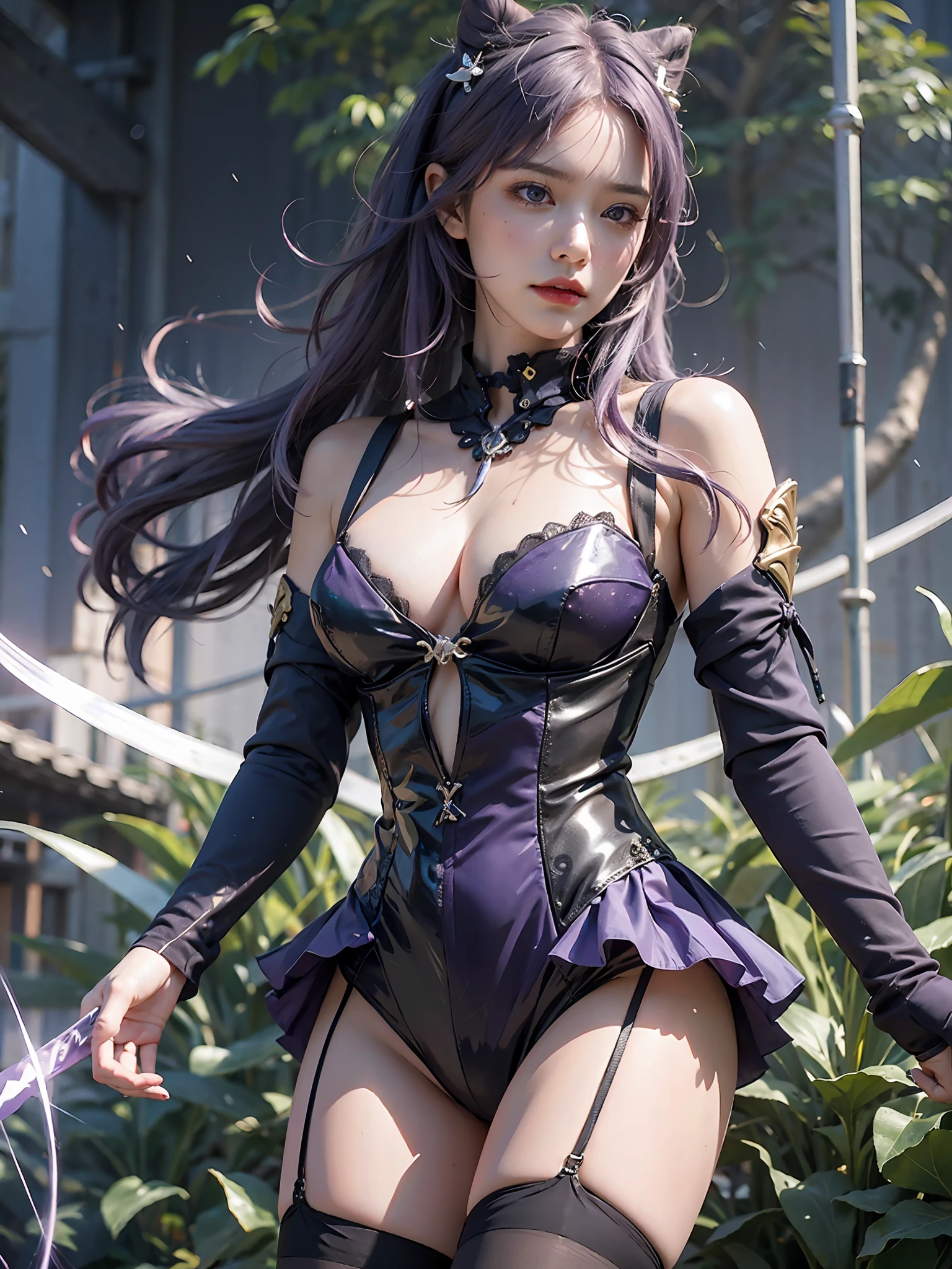 Masterpiece, best quality, detail, depth of field, ultra-realistic, realistic face and eyes, realistic skin texture, cinematic lighting, eyes to see the audience. 1 girl, solo, (frown, closed mouth), keqing_\(genshin_impact\), purple_eyes, purple hair, double tail, sharp eyes, serious face, gloves, black stockings, outdoor, purple lightning, fileg, lightning glowing sword, purple lightning, upper body