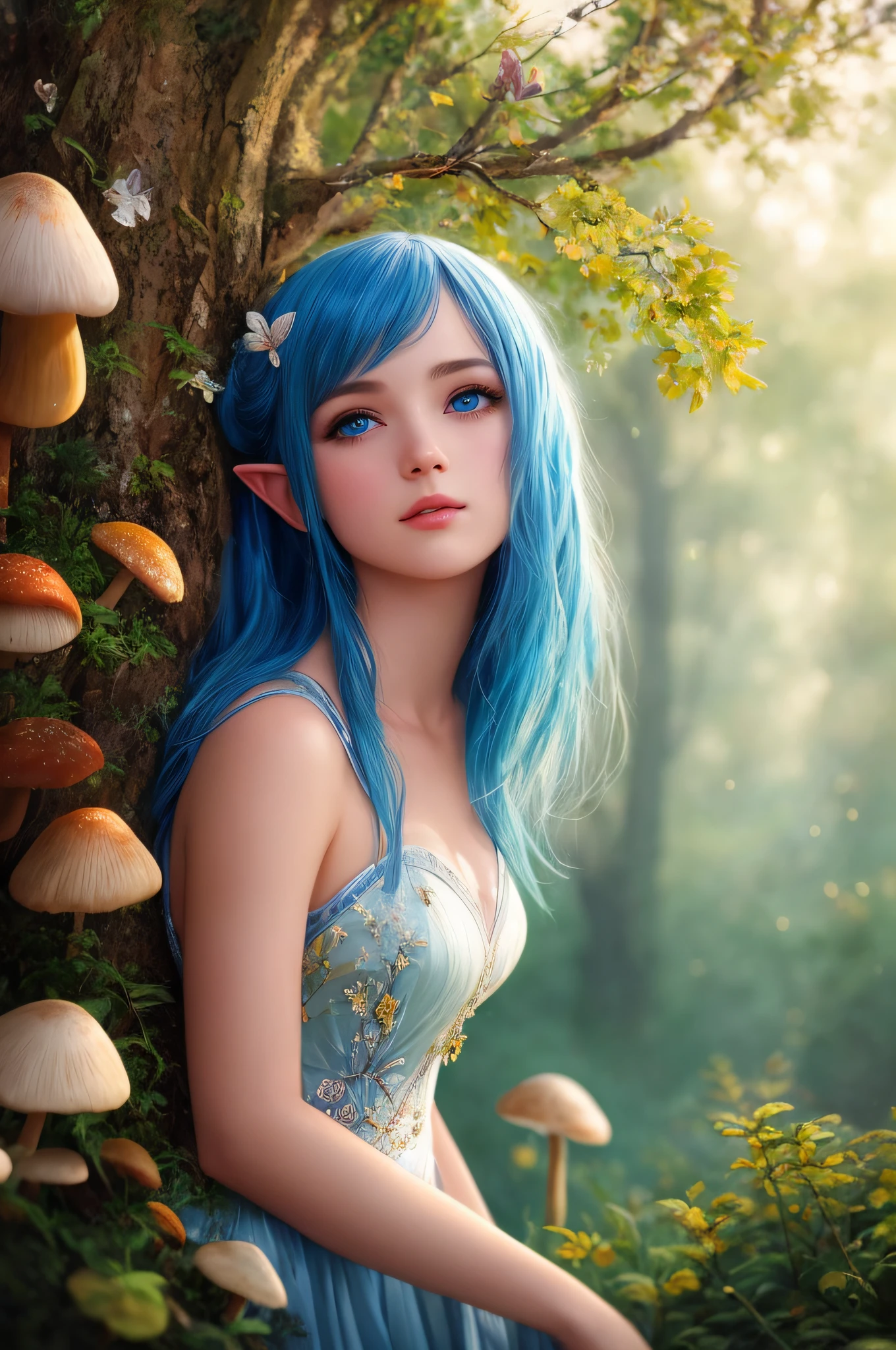 Masterpiece, best quality, high quality, a winged elf, blue eyes, translucent wings, petite, double ponytail, blue hair, exquisite clothing, perfect figure, full body, enchanting dream scenes of the dream forest, towering trees, glowing mushrooms and hidden fairy canyons, creating a mysterious and enchanting feeling, artstation, digital illustrations, complex, trending, pastel colors, oil painting, award-winning photography, bokeh, depth of field, HDR, bloom, chromatic aberration, realism, very detailed, artstation trends, CGsociety trends, complexity, high detail, drama, midjourney art