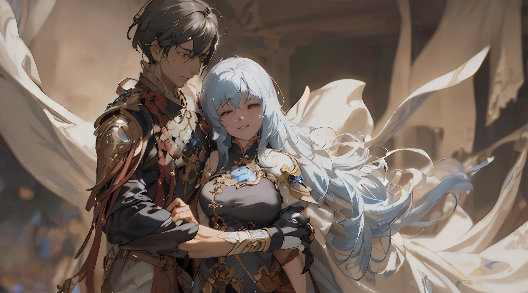 there is a man and a woman dressed in costumes hugging, ross tran and bayard wu, krenz cushart and wenjun lin, guweiz, ross tran and wlop, artwork in the style of guweiz, edgar maxence and ross tran, wlop and ross tran, yiqiang and shurakrgt