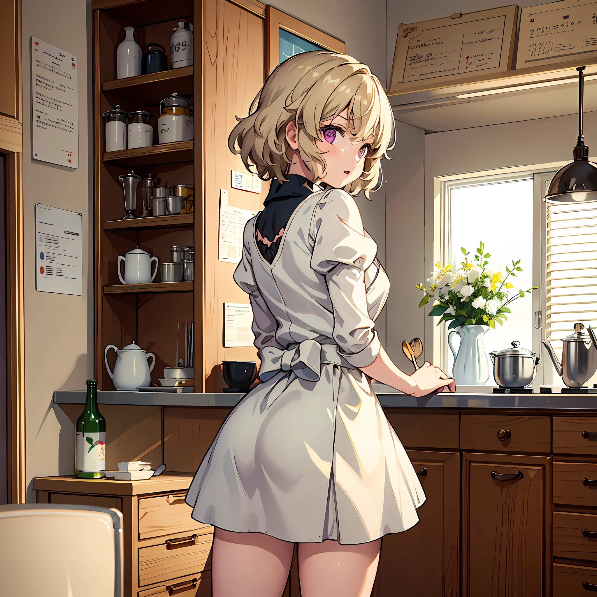 masterpiece, 1girl, maid outfit, cooking soup, indoors, kitchen thighs, happy, (iwanagakotoko:0.9), ultra detailed, beautiful body, blonde hair, short hair, iwanaga kotoko, cute, good anatomy, highest quality, fullbody, standing, sweet, from behind